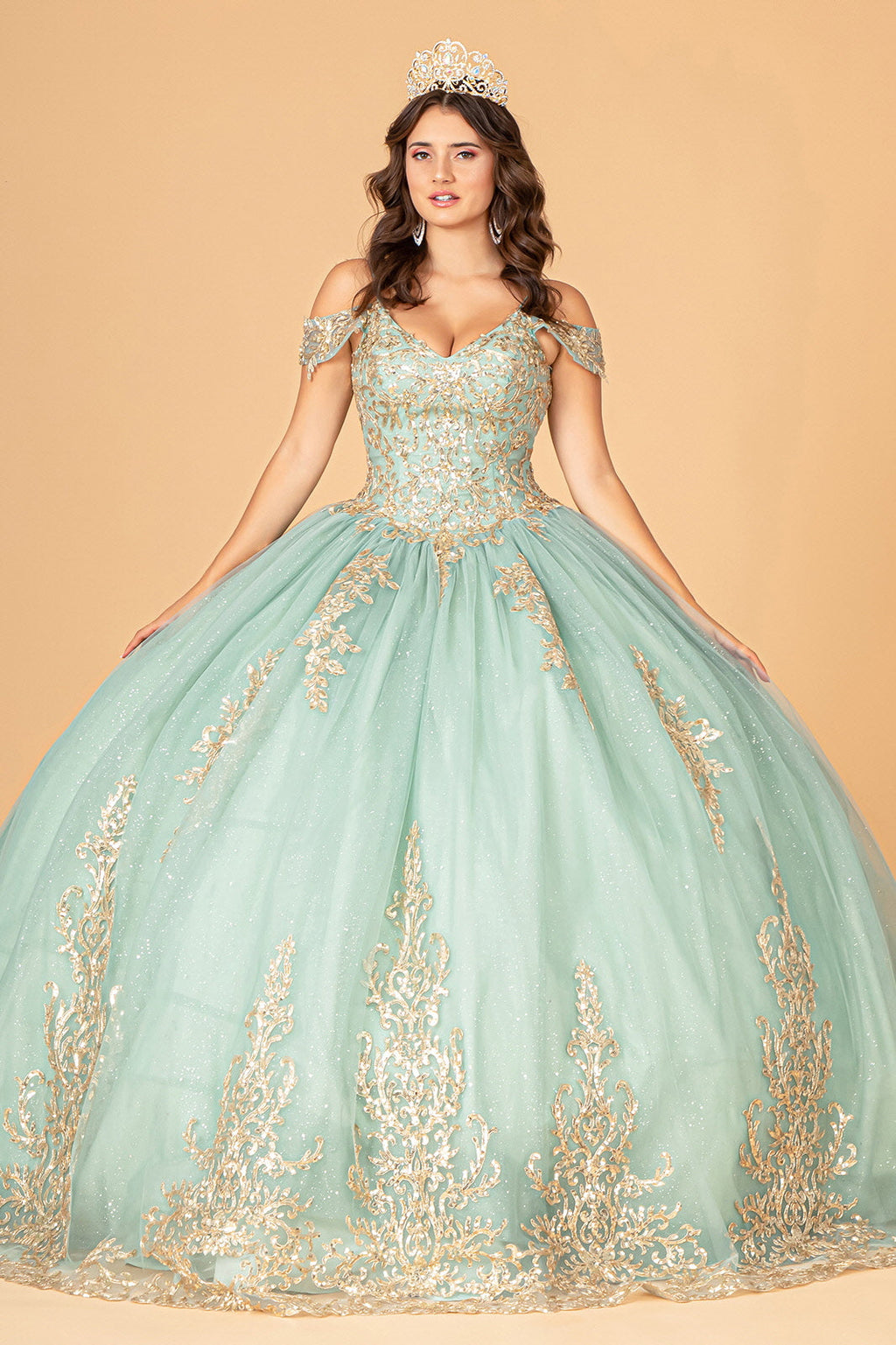 Gold Embroidered Mesh w/ Corset Back Quinceanera Ball Dress GLGL3100