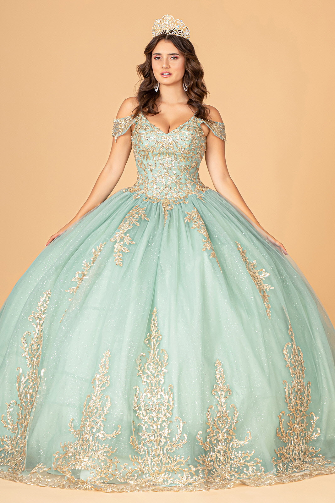 Gold Embroidered Mesh w/ Corset Back Quinceanera Ball Dress GLGL3100