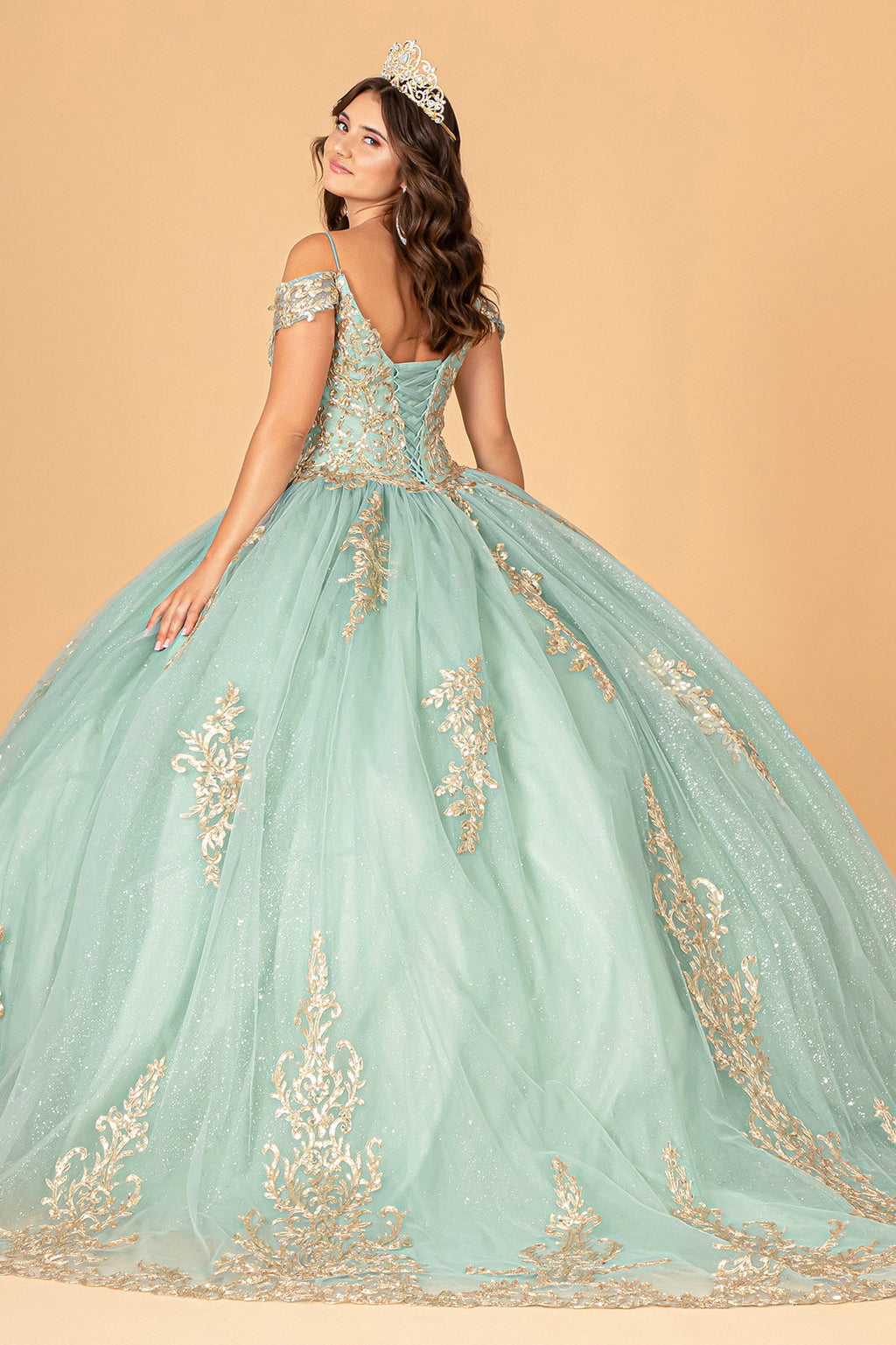 Gold Embroidered Mesh w/ Corset Back Quinceanera Ball Dress GLGL3100