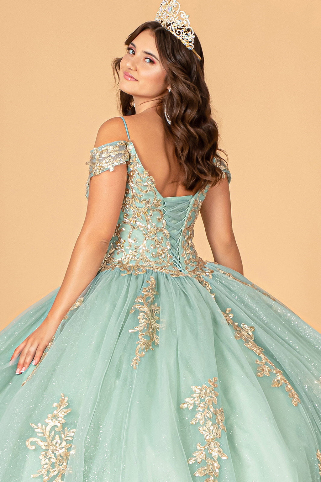 Gold Embroidered Mesh w/ Corset Back Quinceanera Ball Dress GLGL3100