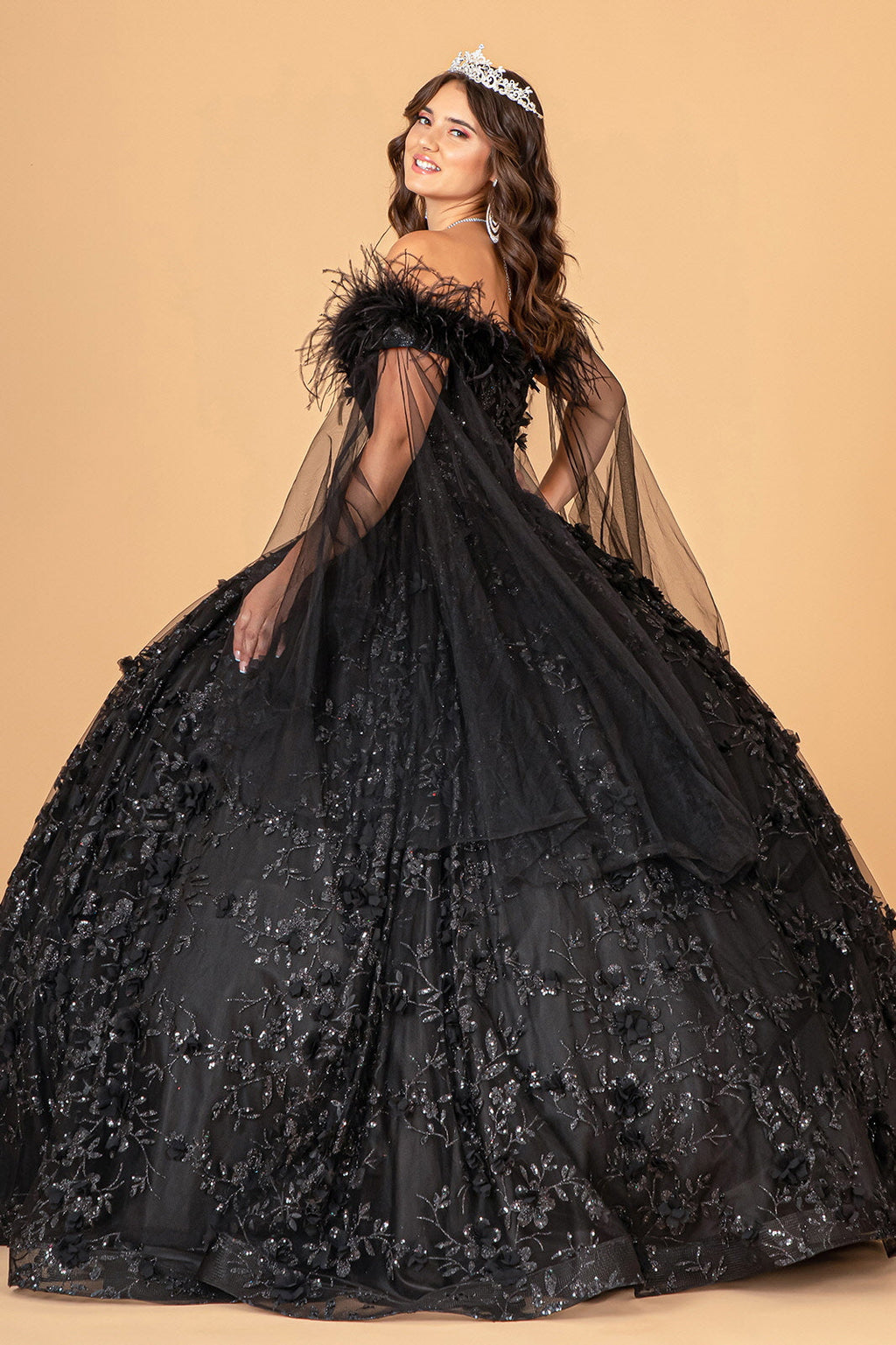 Mesh w/ Side Drape and Detachable Feather Embellishment Quinceanera Dress GLGL3101