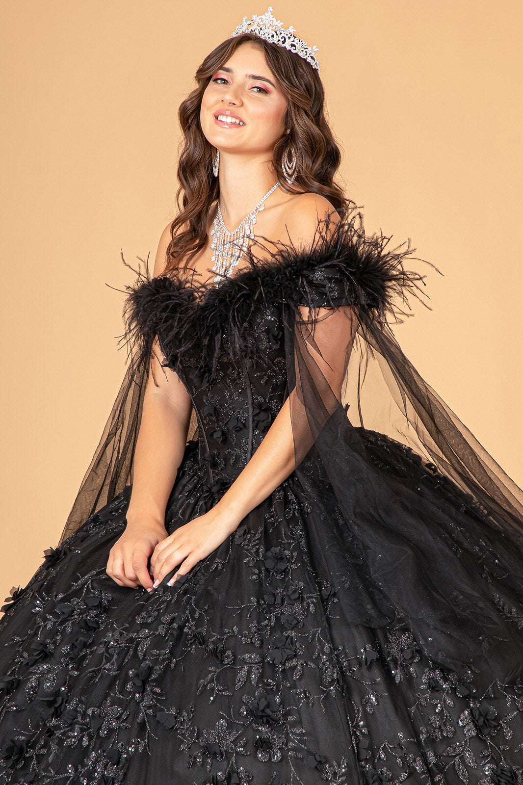 Mesh w/ Side Drape and Detachable Feather Embellishment Quinceanera Dress GLGL3101