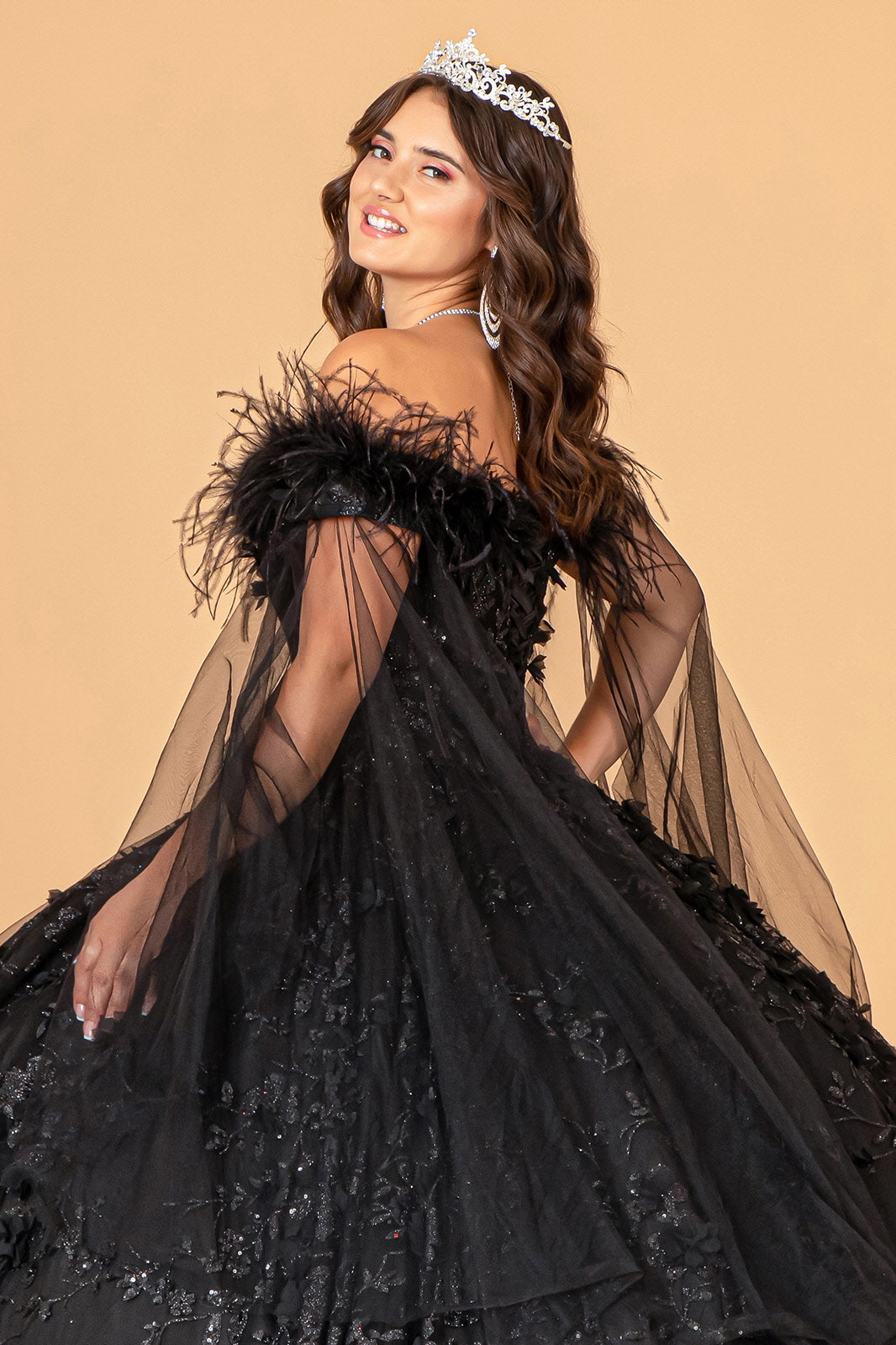 Mesh w/ Side Drape and Detachable Feather Embellishment Quinceanera Dress GLGL3101