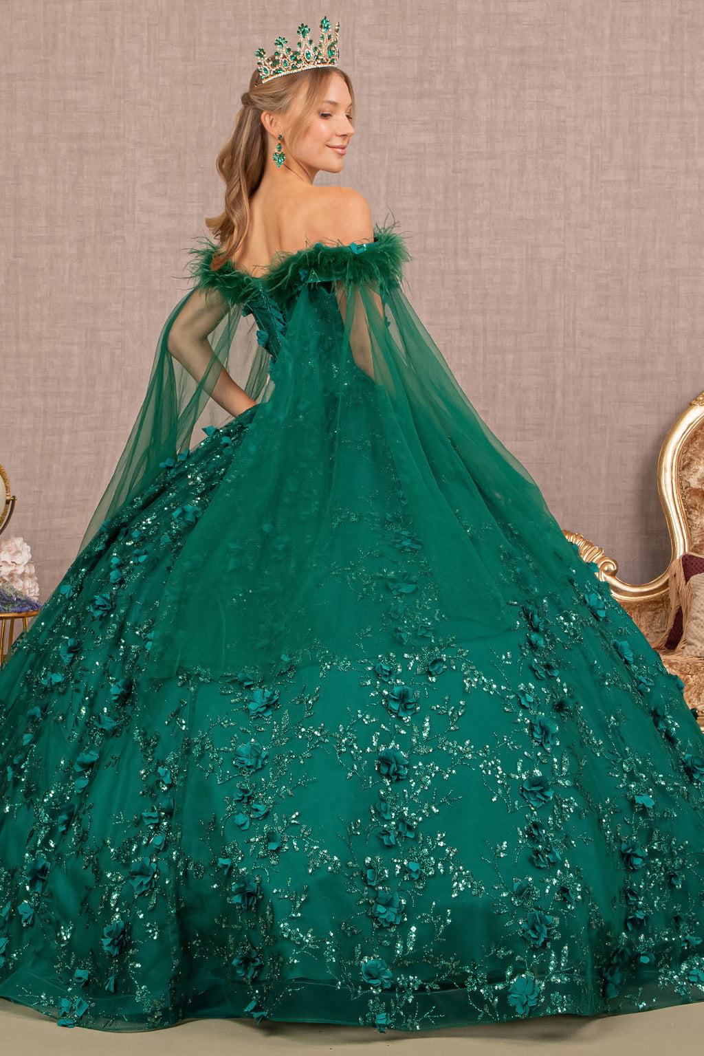 Mesh w/ Side Drape and Detachable Feather Embellishment Quinceanera Dress GLGL3101