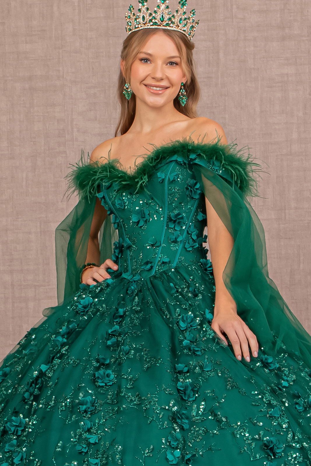 Mesh w/ Side Drape and Detachable Feather Embellishment Quinceanera Dress GLGL3101