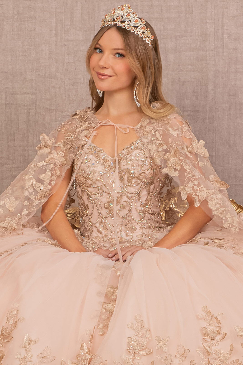Jewel Mesh w/ 3D Butterfly Appliques and Long Mesh Cape Quinceanera Dress GLGL3104
