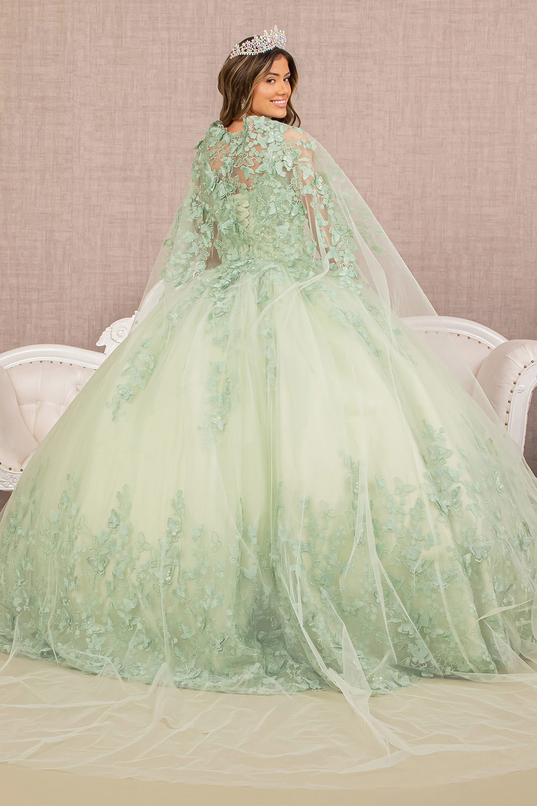 Jewel Mesh w/ 3D Butterfly Appliques and Long Mesh Cape Quinceanera Dress GLGL3104