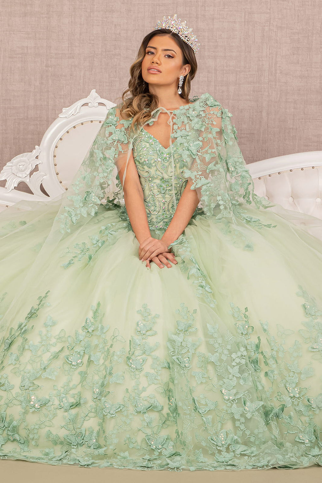 Jewel Mesh w/ 3D Butterfly Appliques and Long Mesh Cape Quinceanera Dress GLGL3104