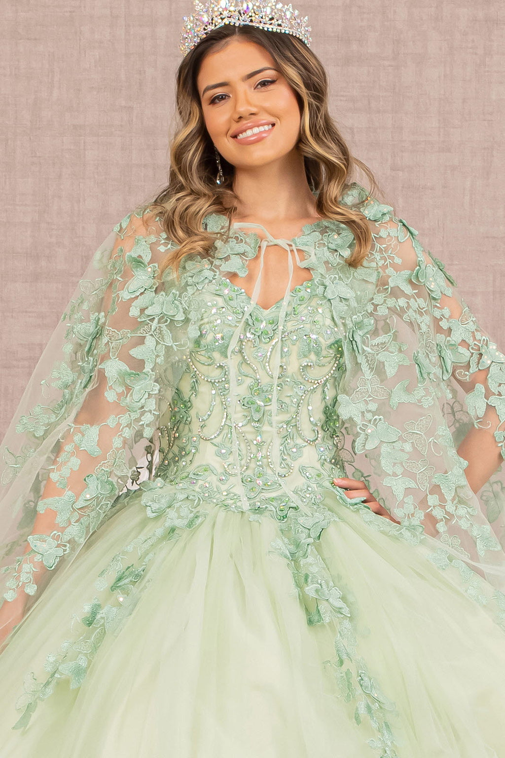 Jewel Mesh w/ 3D Butterfly Appliques and Long Mesh Cape Quinceanera Dress GLGL3104