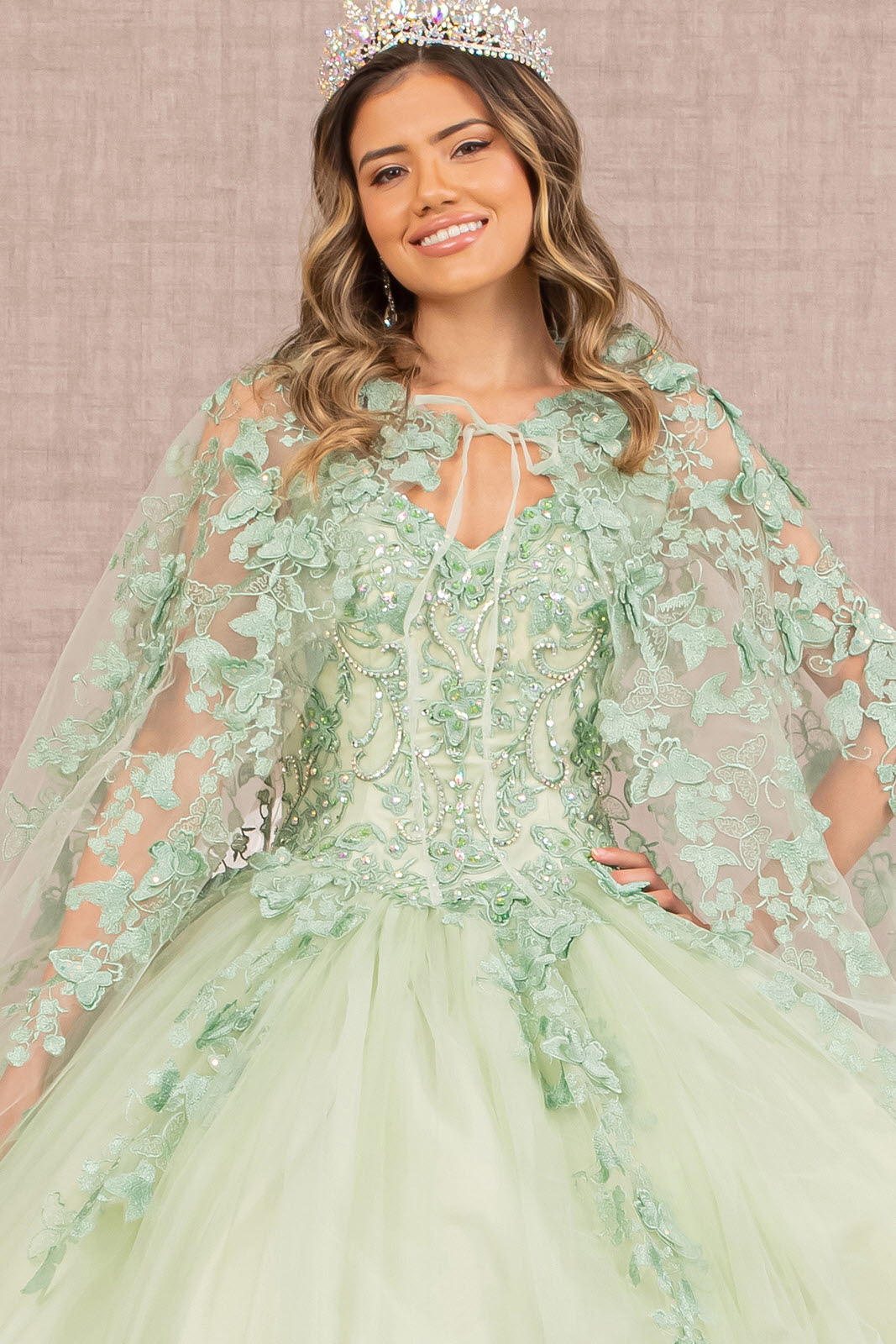 Jewel Mesh w/ 3D Butterfly Appliques and Long Mesh Cape Quinceanera Dress GLGL3104