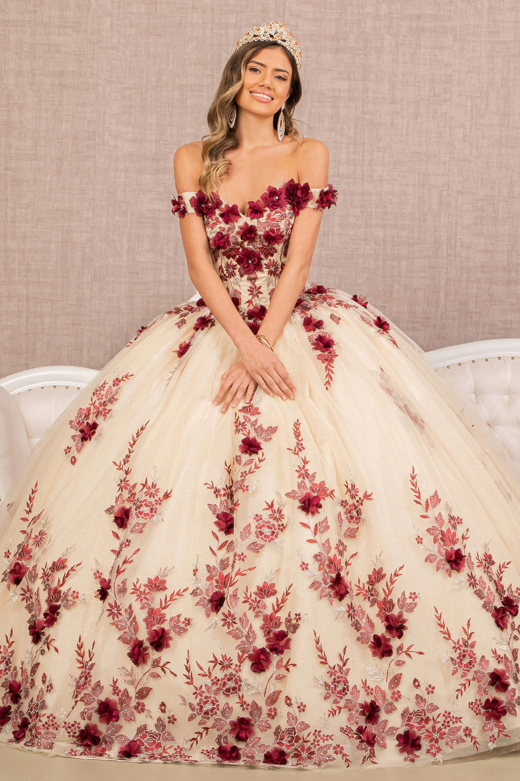 3D Flower Embroidery Off Shoulder Mesh Quinceanera Dress GLGL3105