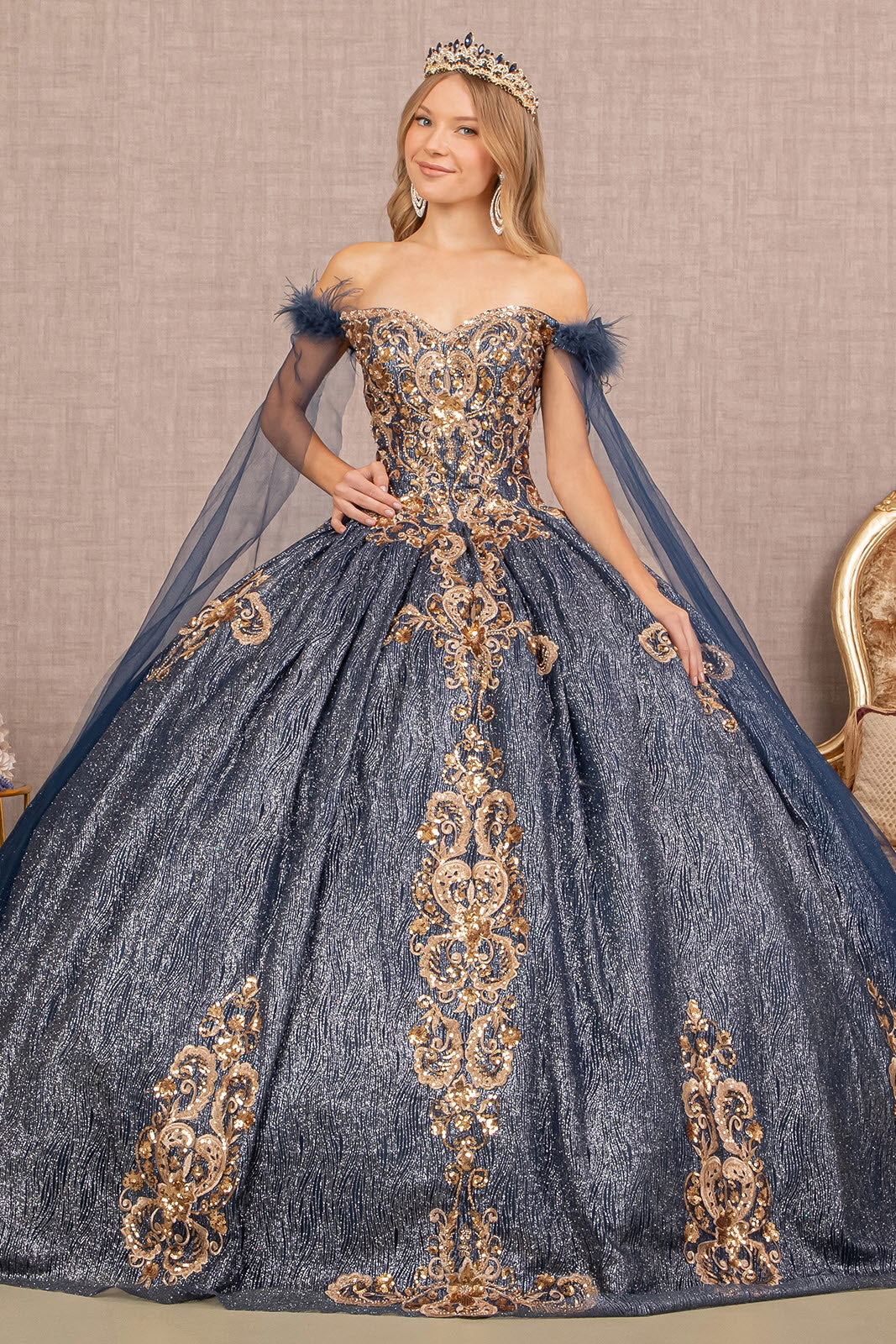 Feather Sequin w/ Detachable Side Mesh Layer Quinceanera Dress GLGL3107
