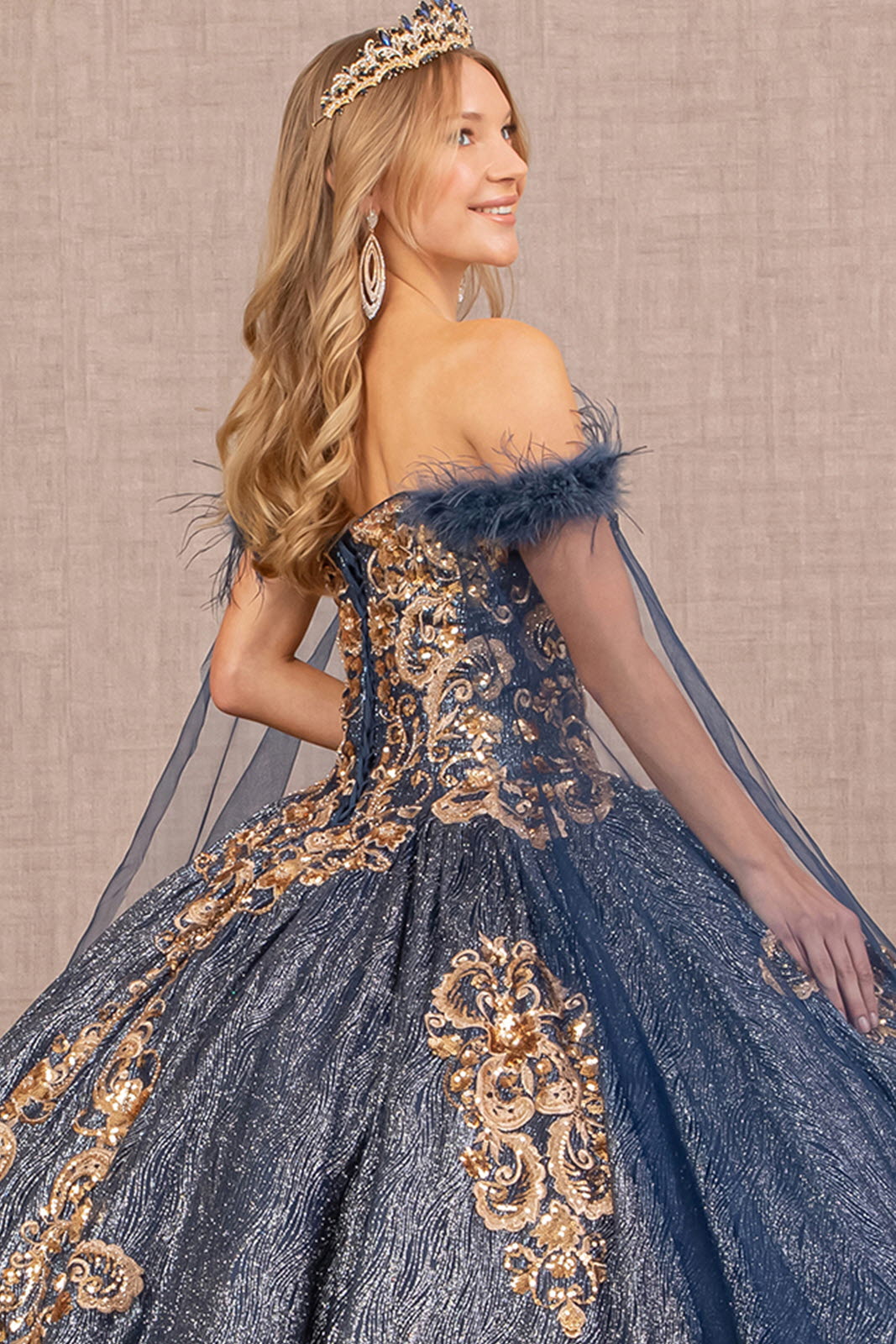 Feather Sequin w/ Detachable Side Mesh Layer Quinceanera Dress GLGL3107