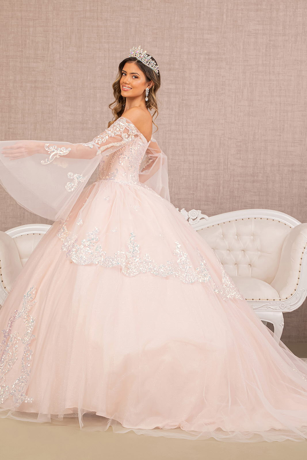 Glitter Layered Hem w/ Long Mesh Sleeves Quinceanera Dress GLGL3109