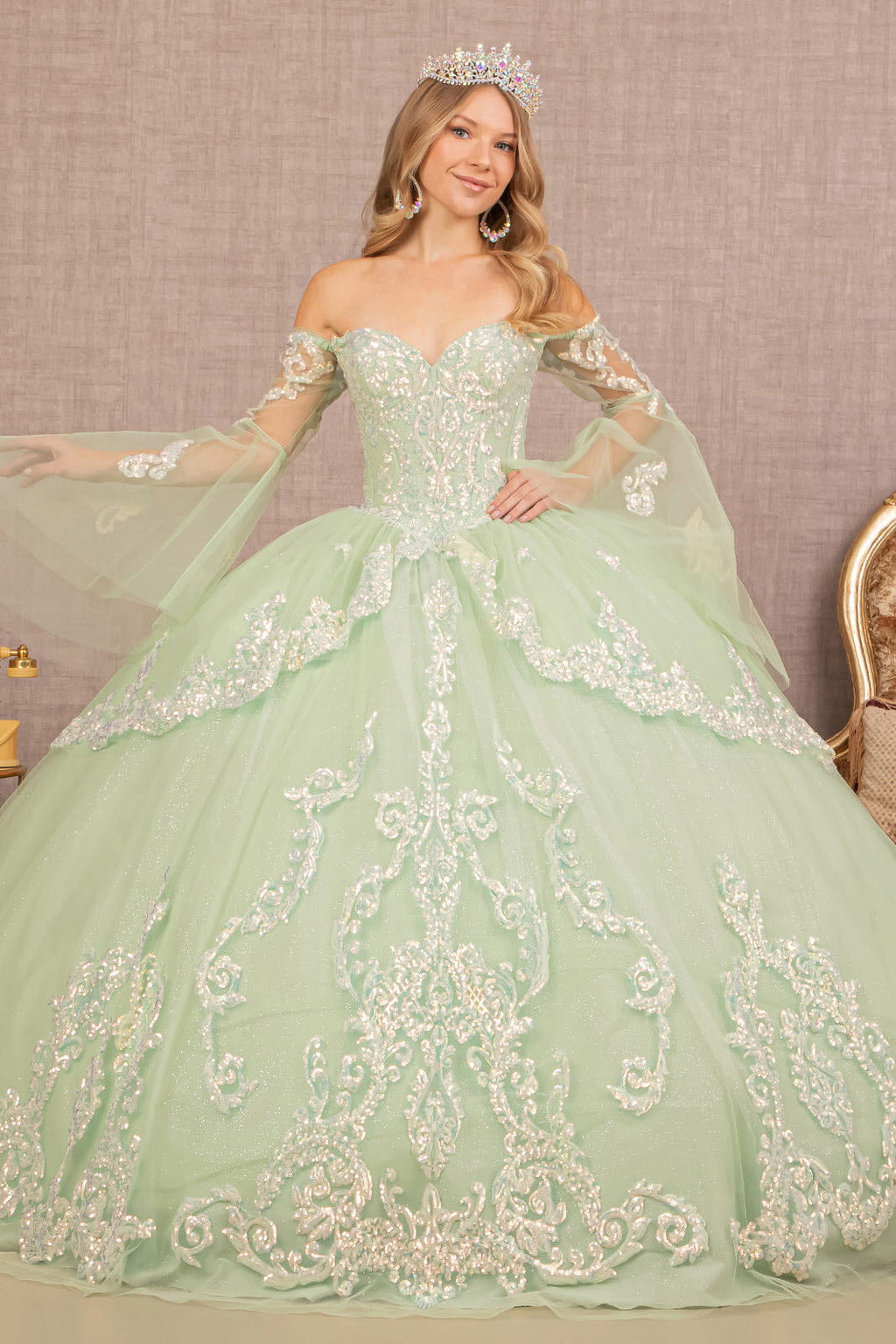 Glitter Layered Hem w/ Long Mesh Sleeves Quinceanera Dress GLGL3109