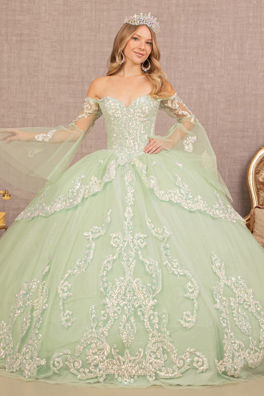 Glitter Layered Hem w/ Long Mesh Sleeves Quinceanera Dress GLGL3109