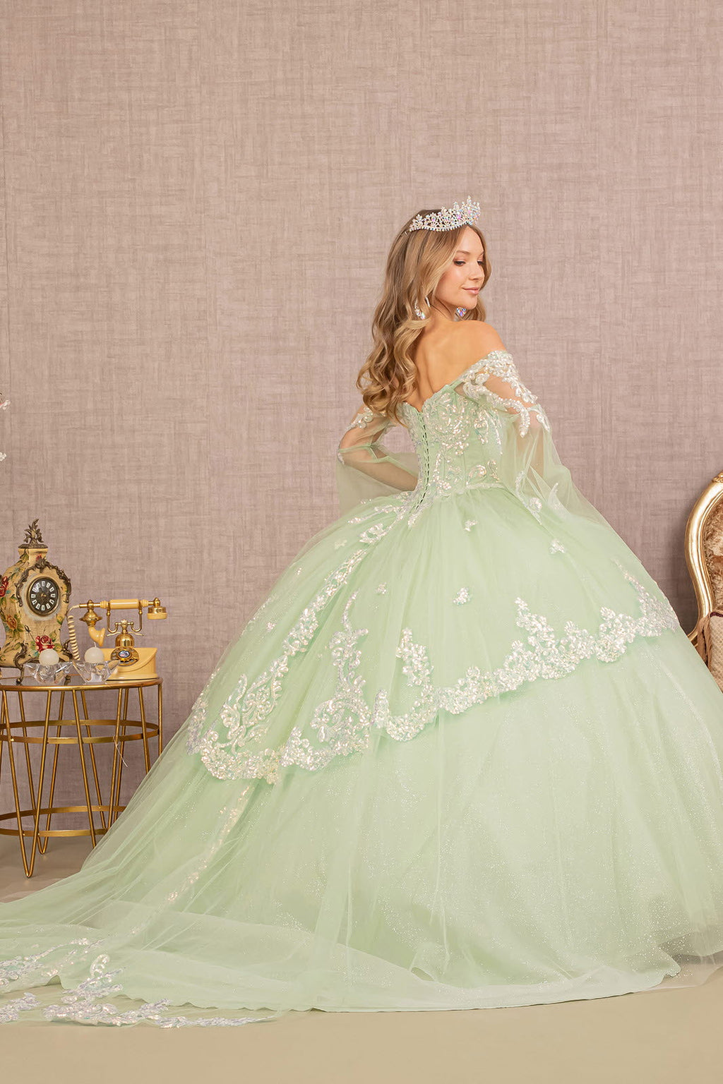 Glitter Layered Hem w/ Long Mesh Sleeves Quinceanera Dress GLGL3109