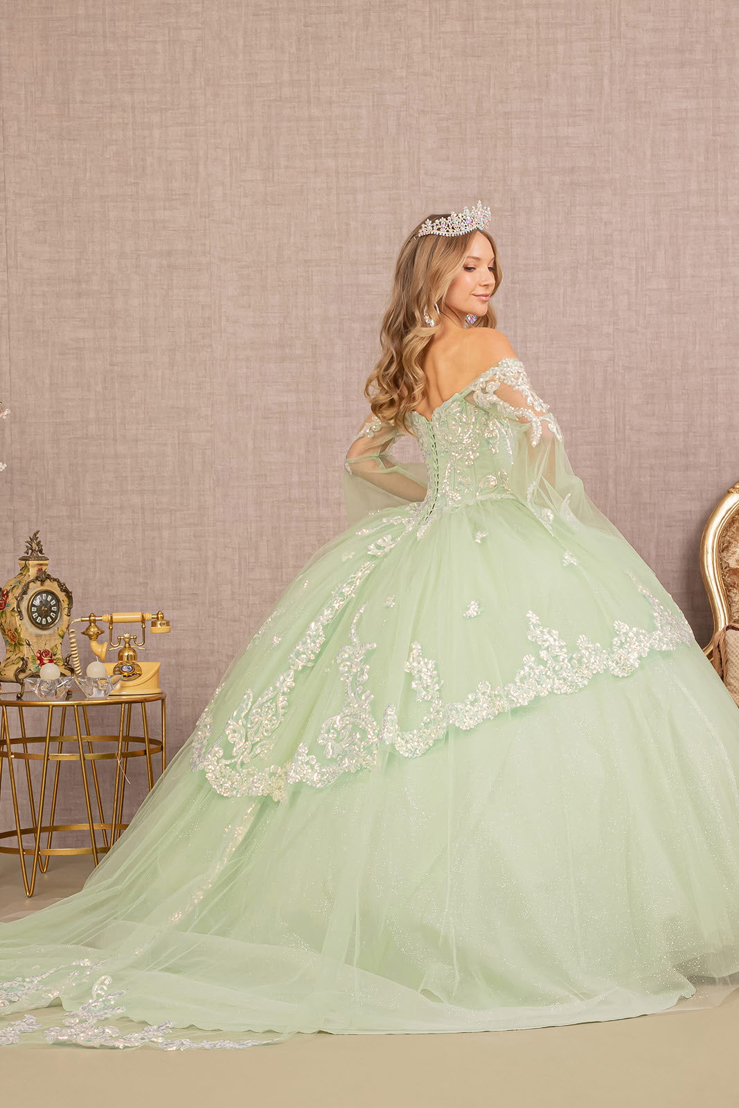 Glitter Layered Hem w/ Long Mesh Sleeves Quinceanera Dress GLGL3109