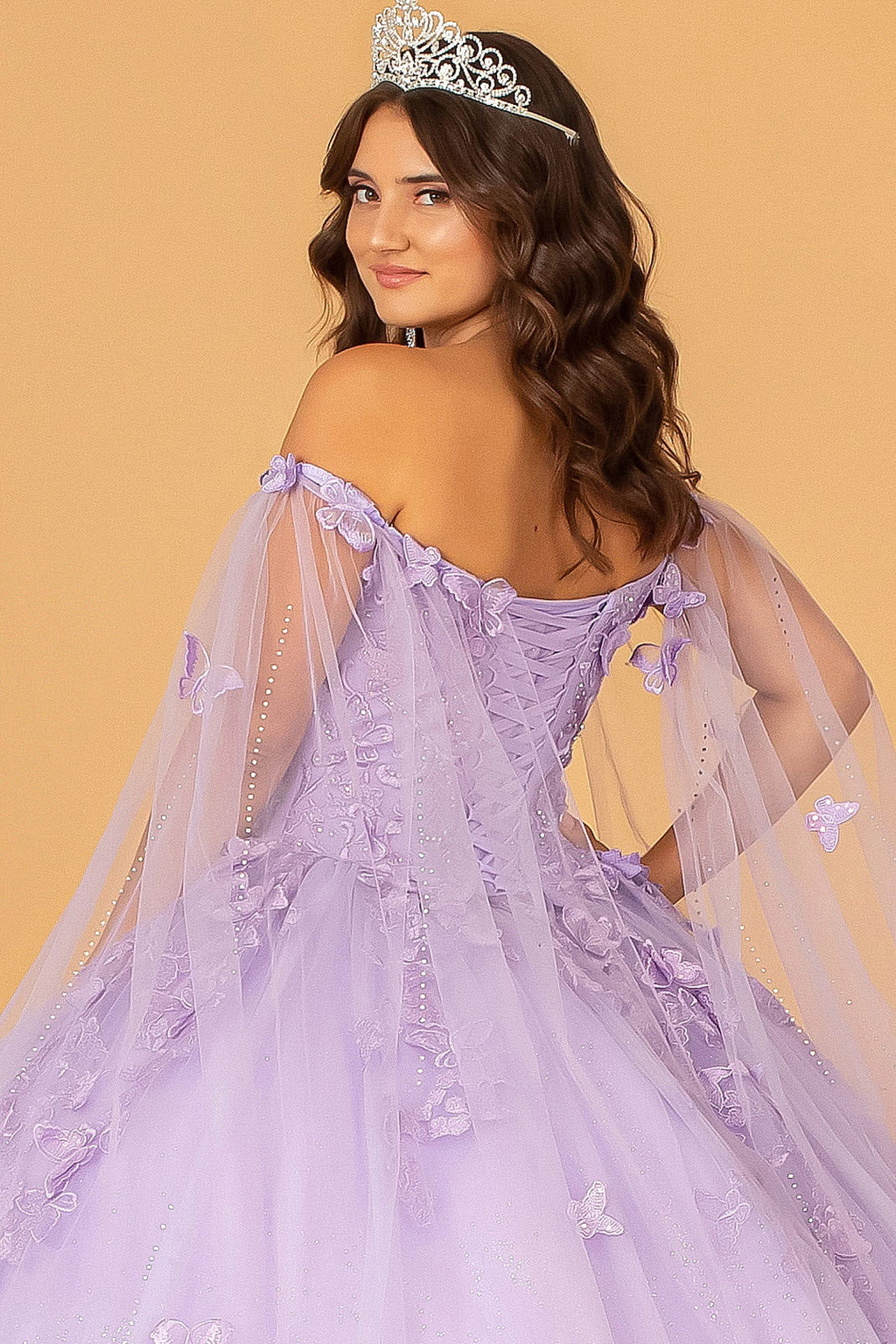 3D Butterfly Applique Glitter w/ Long Mesh Layer Quinceanera Dress GLGL3110