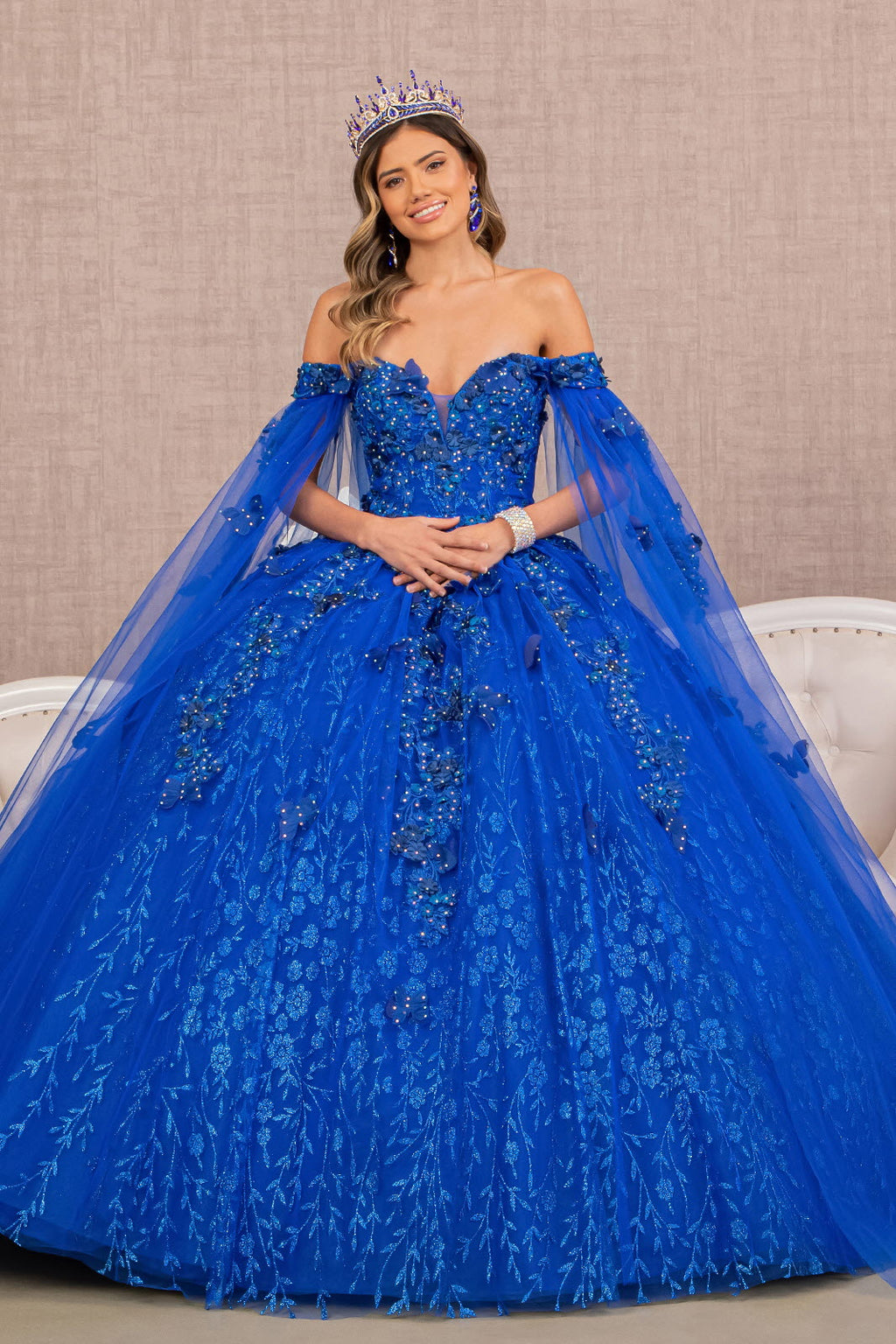 Embroidery Glitter w/ Long Mesh Layer Quinceanera Dress GLGL3111