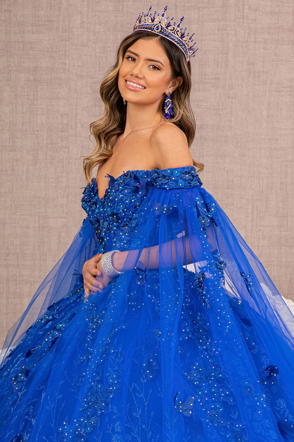 Embroidery Glitter w/ Long Mesh Layer Quinceanera Dress GLGL3111