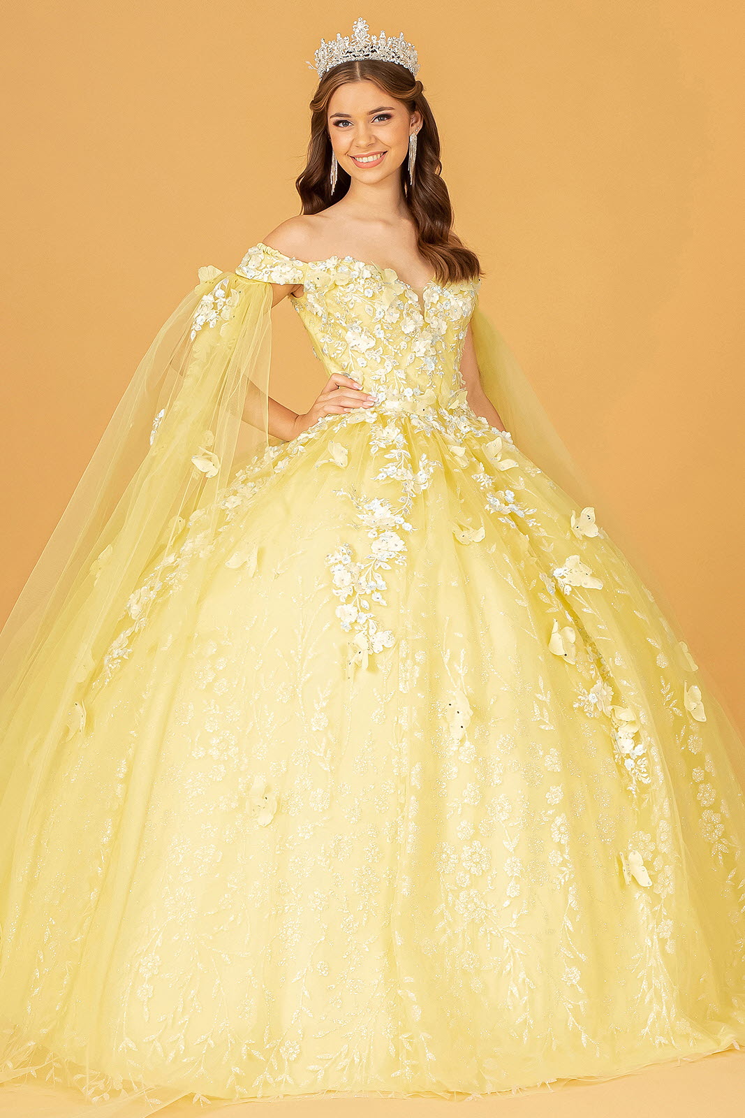 Embroidery Glitter w/ Long Mesh Layer Quinceanera Dress GLGL3111