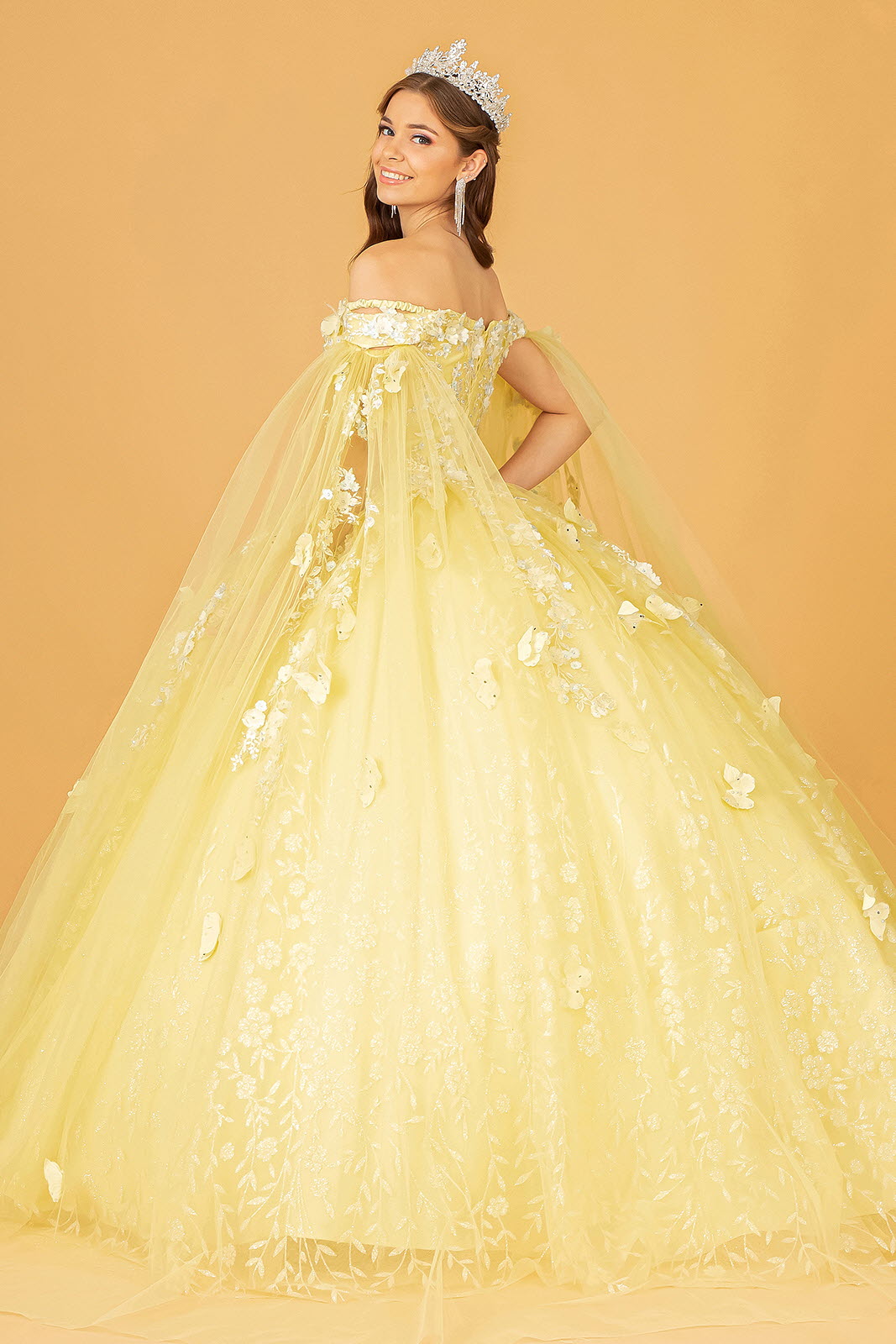 Embroidery Glitter w/ Long Mesh Layer Quinceanera Dress GLGL3111