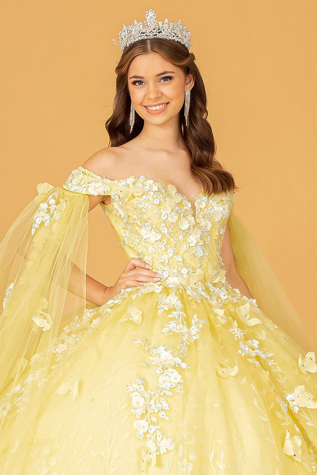 Embroidery Glitter w/ Long Mesh Layer Quinceanera Dress GLGL3111