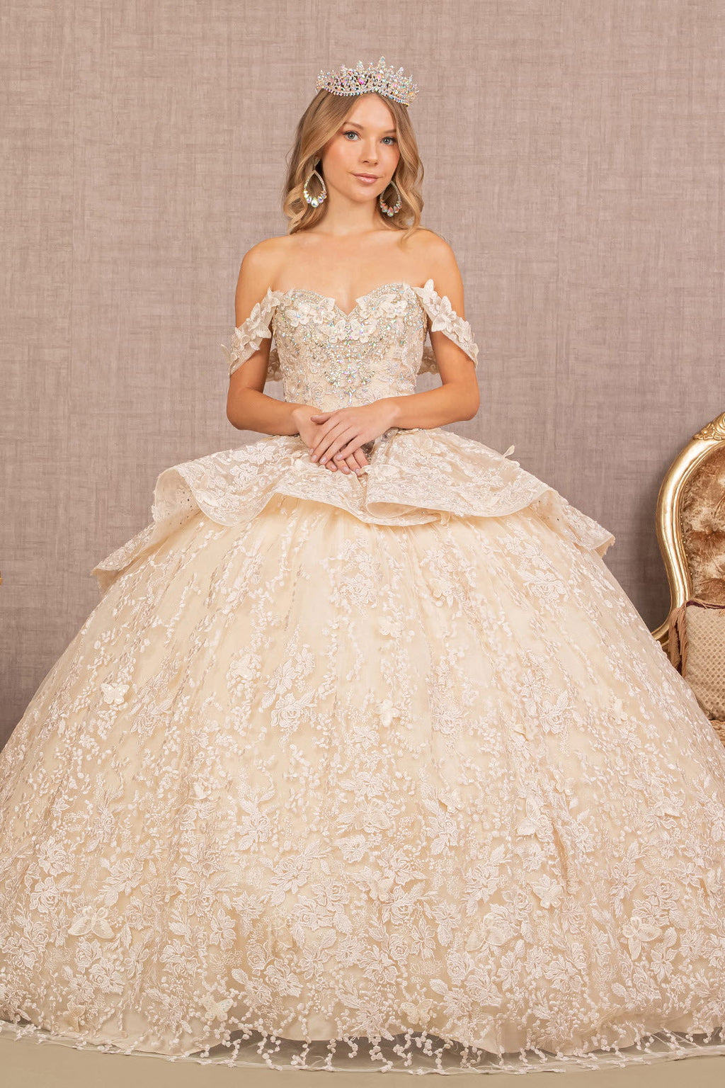 Jewel 3D Butterfly Applique Off Shoulder Mesh Quinceanera Dress GLGL3112