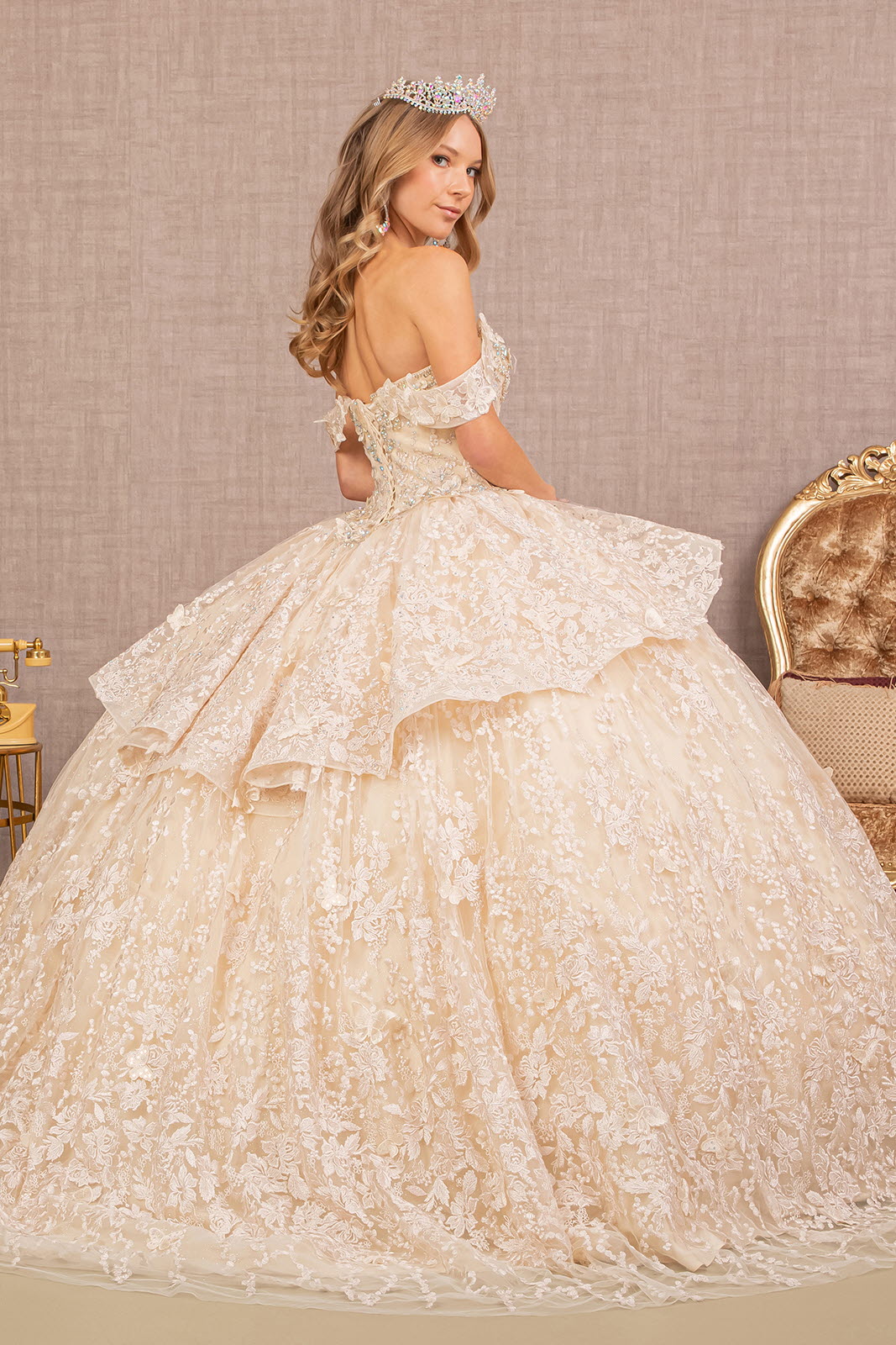 Jewel 3D Butterfly Applique Off Shoulder Mesh Quinceanera Dress GLGL3112