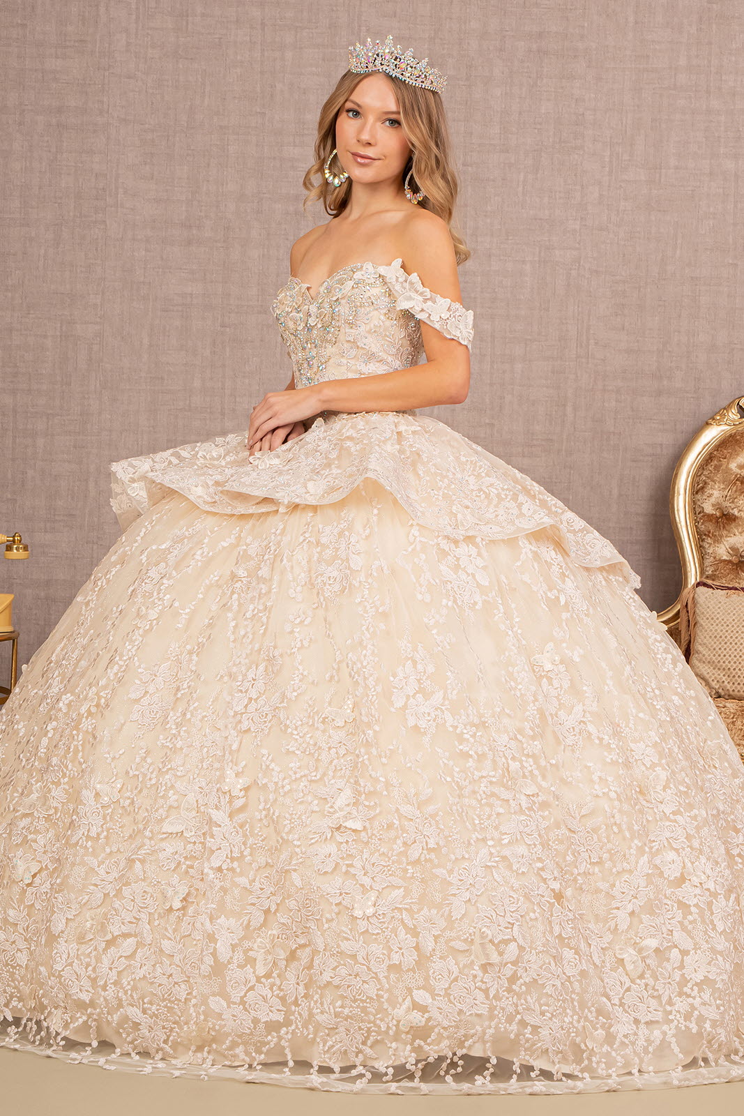 Jewel 3D Butterfly Applique Off Shoulder Mesh Quinceanera Dress GLGL3112