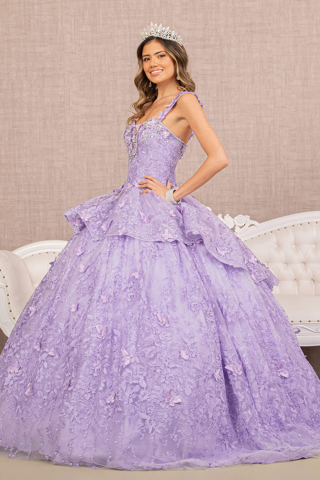 Jewel 3D Butterfly Applique Off Shoulder Mesh Quinceanera Dress GLGL3112