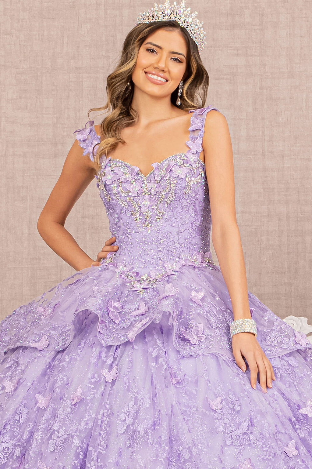 Jewel 3D Butterfly Applique Off Shoulder Mesh Quinceanera Dress GLGL3112
