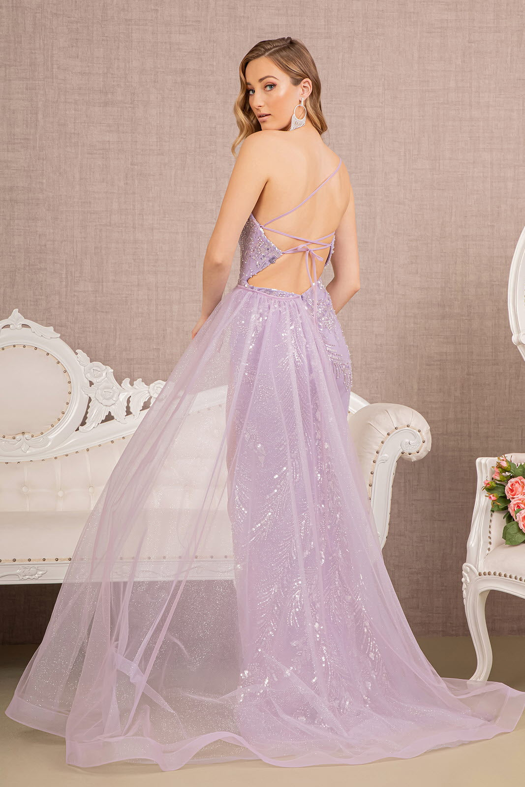 Jewel Mermaid Sheer Side Slit and Detachable Side Mesh Layer Long Prom Dress GLGL3116