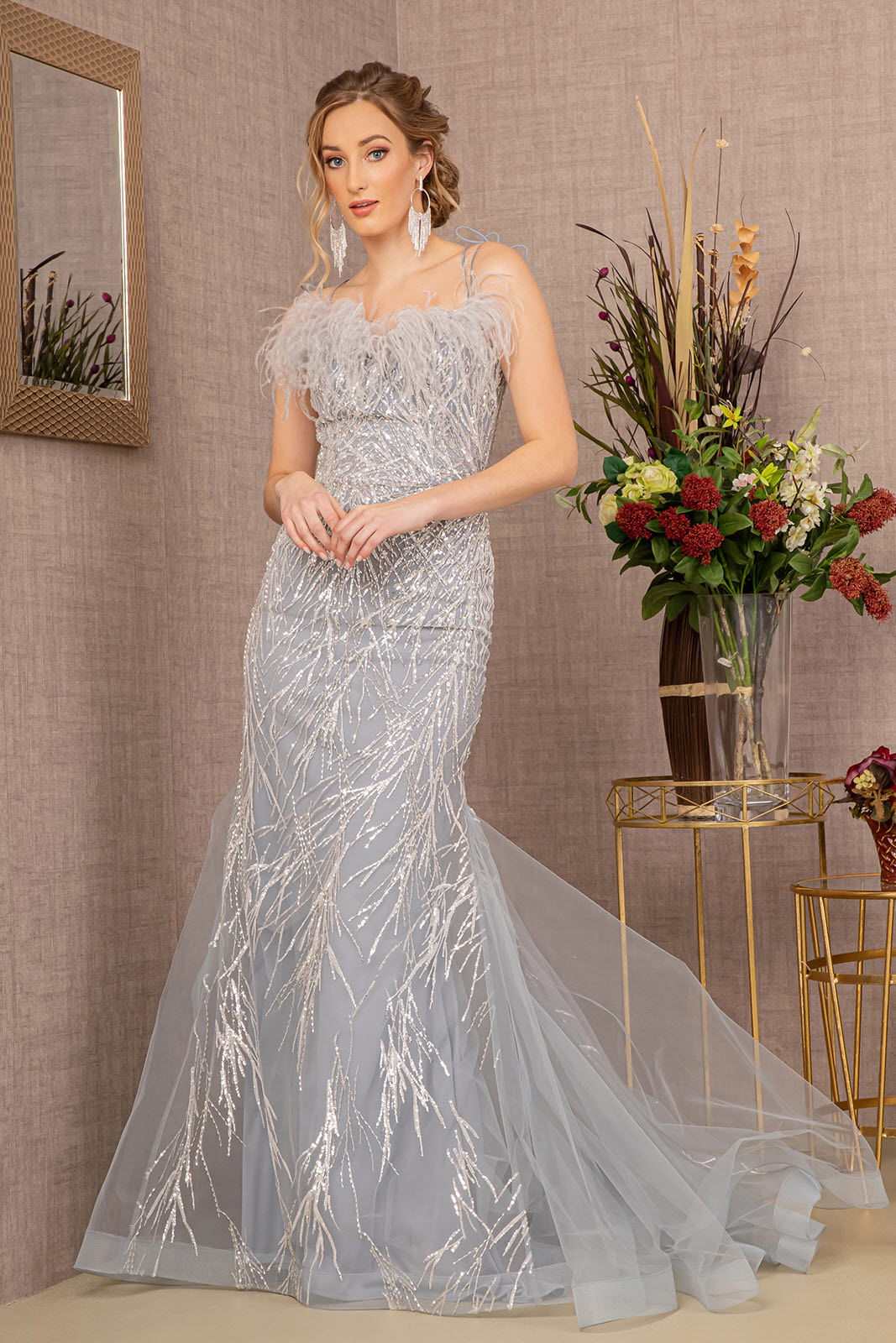 Sequin Sweetheart Mesh Trumpet w/ Feather Embellishment Long Prom Dress GLGL3117