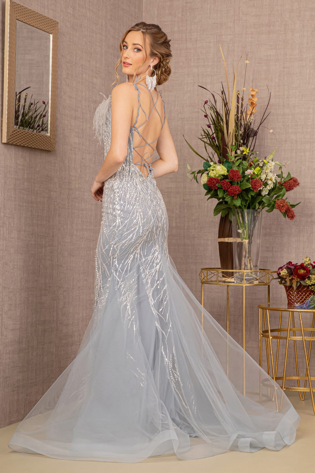 Sequin Sweetheart Mesh Trumpet w/ Feather Embellishment Long Prom Dress GLGL3117