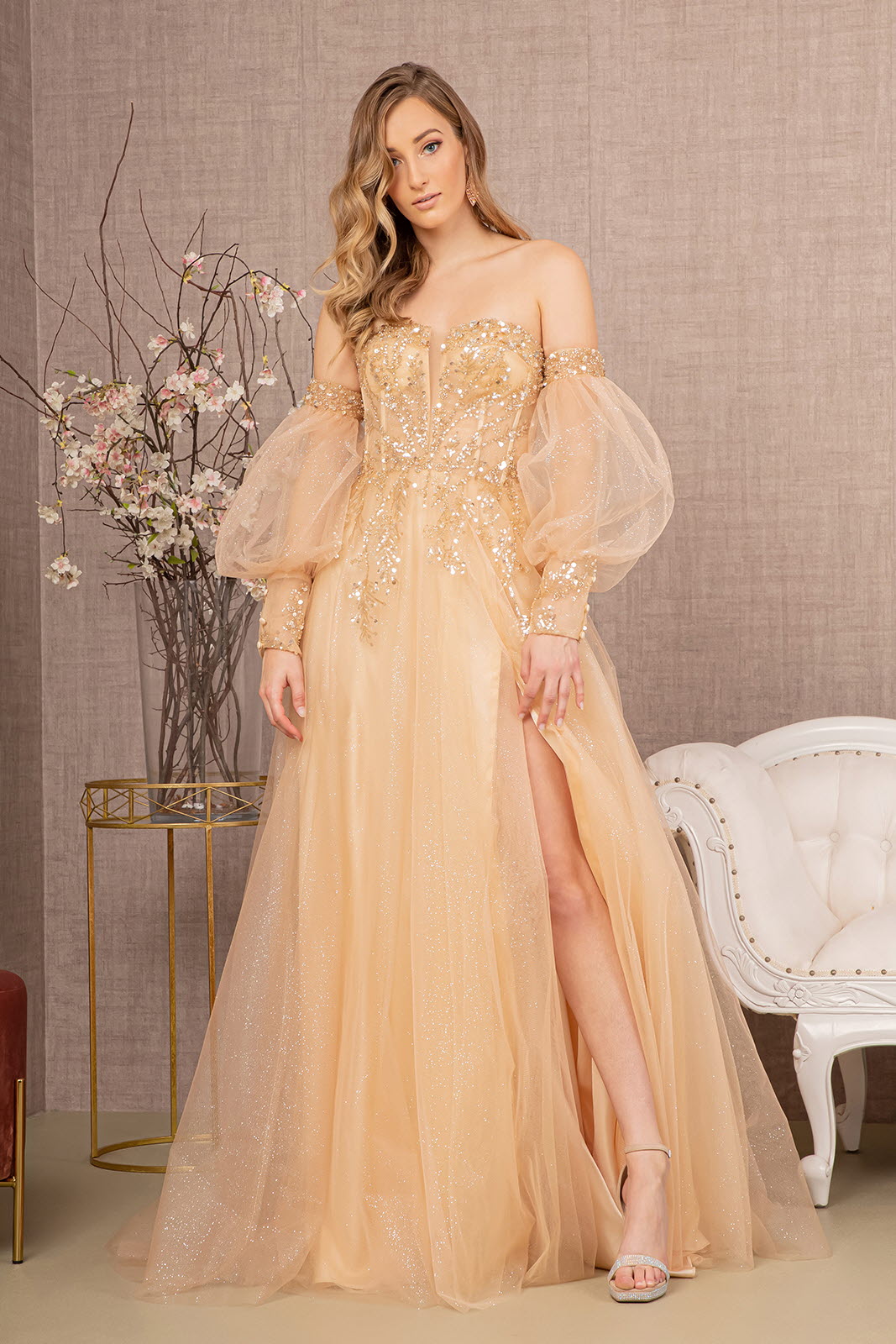 Sequin Glitter Sheer Bodice Illusion Sweetheart A-line Mesh Long Prom Dress GLGL3118