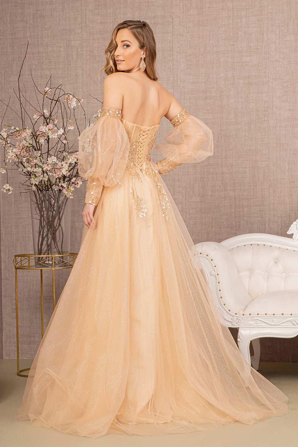 Sequin Glitter Sheer Bodice Illusion Sweetheart A-line Mesh Long Prom Dress GLGL3118