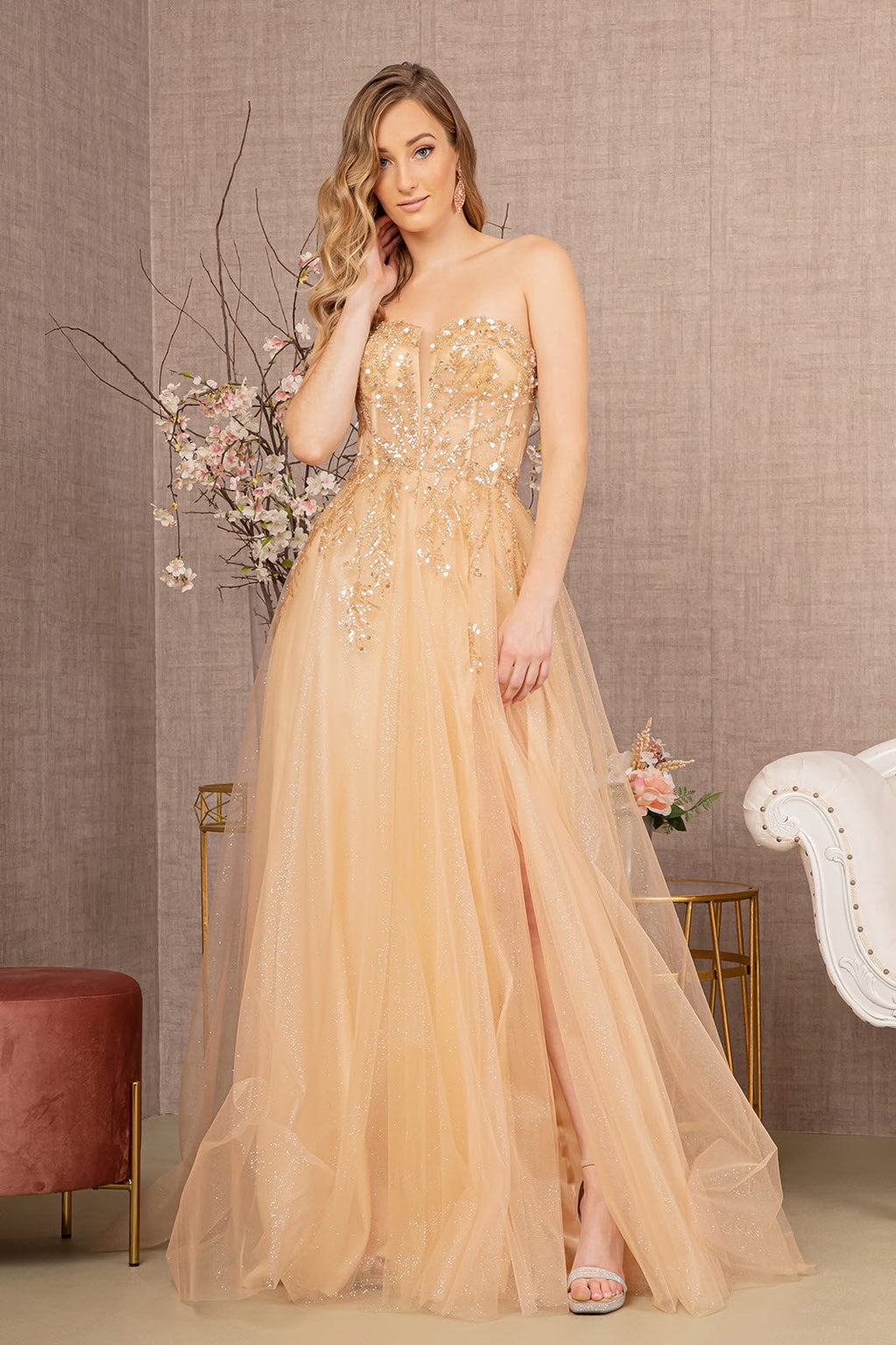 Sequin Glitter Sheer Bodice Illusion Sweetheart A-line Mesh Long Prom Dress GLGL3118