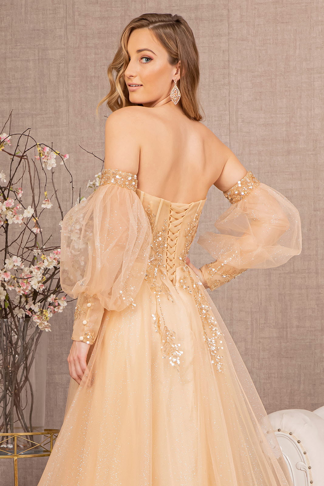 Sequin Glitter Sheer Bodice Illusion Sweetheart A-line Mesh Long Prom Dress GLGL3118
