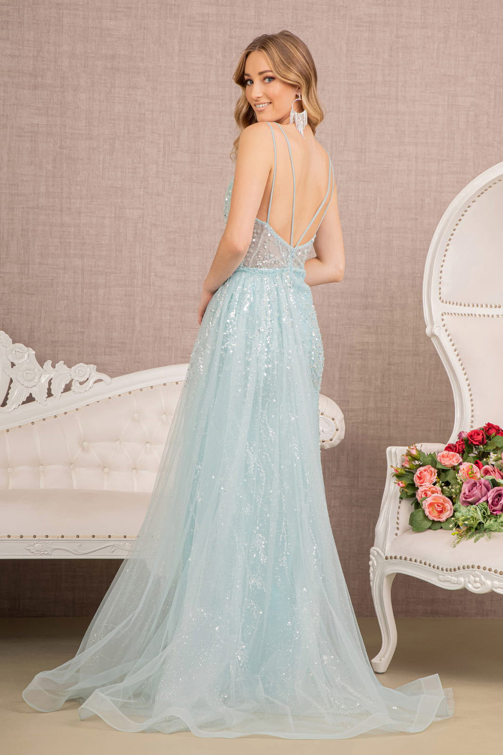 Sequin Sheer Bodice Mermaid w/ Side Long Mesh Layer Long Prom Dress GLGL3119
