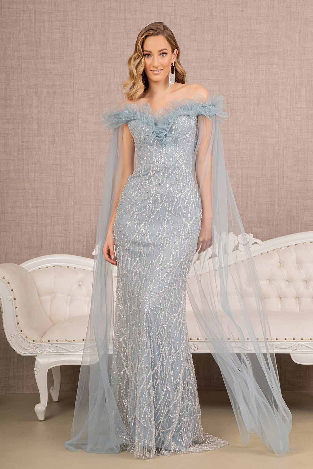 Sequin Bead Strapless Mesh Mermaid w/ Side Long Mesh Layer Long Prom Dress GLGL3120