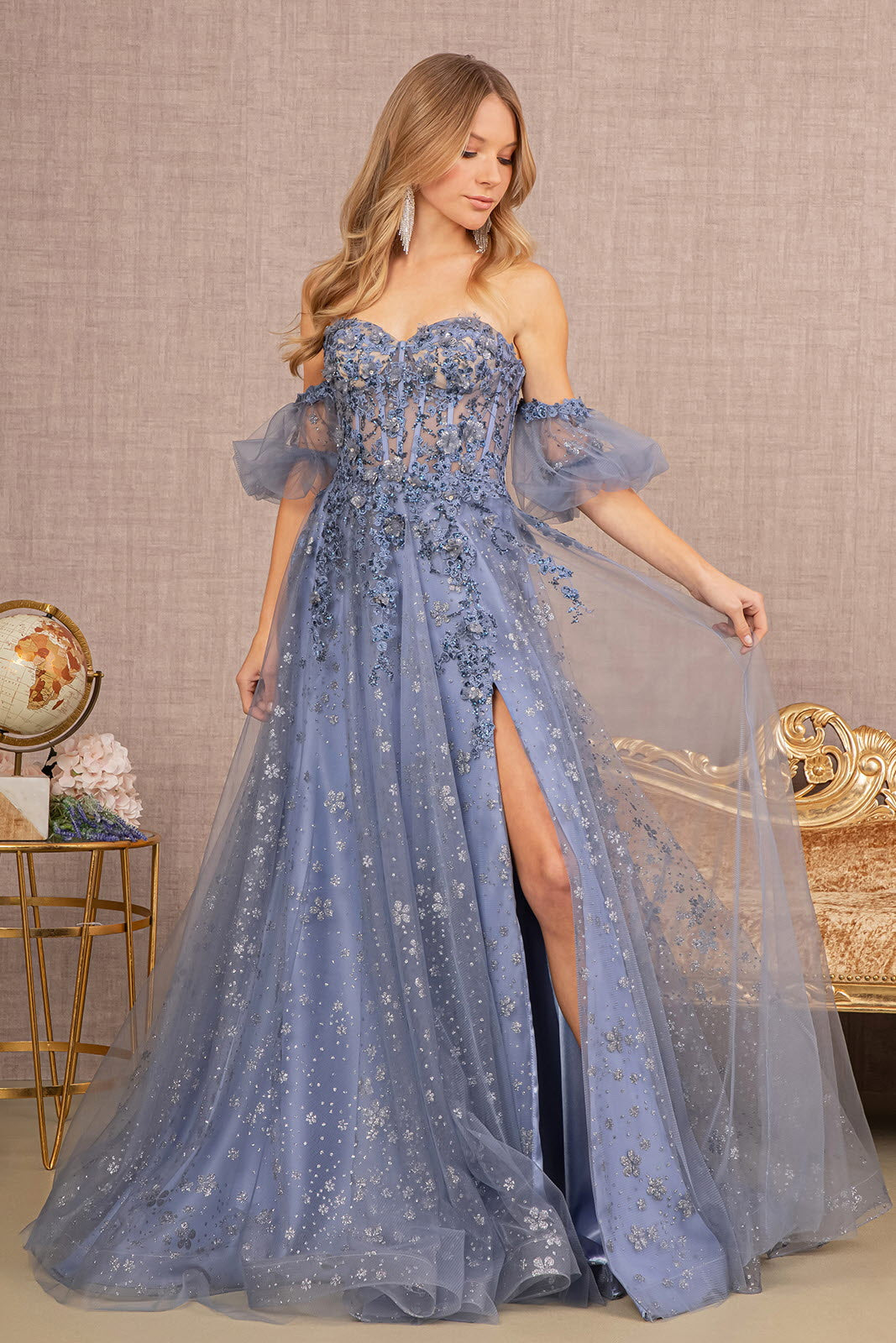 Strapless Sheer Bodice Mesh A-Line w/ Detachable Short Mesh Sleeves Long Prom Dress GLGL3126