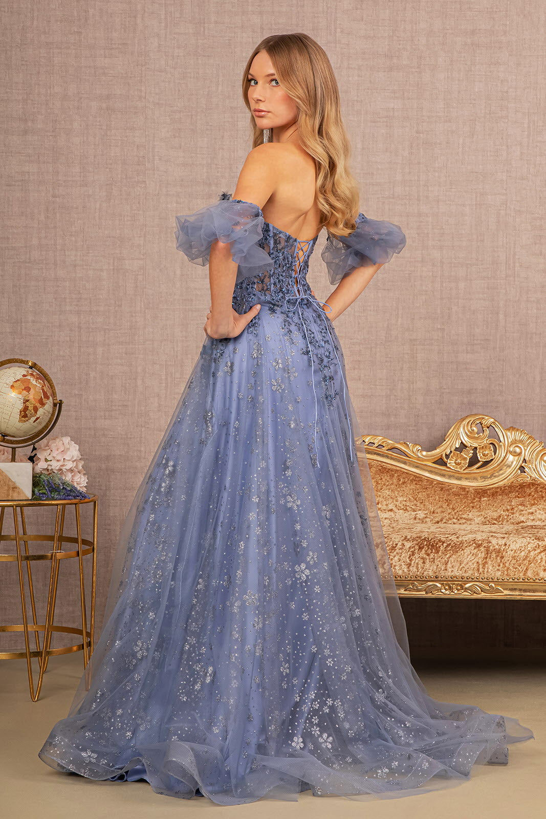 Strapless Sheer Bodice Mesh A-Line w/ Detachable Short Mesh Sleeves Long Prom Dress GLGL3126