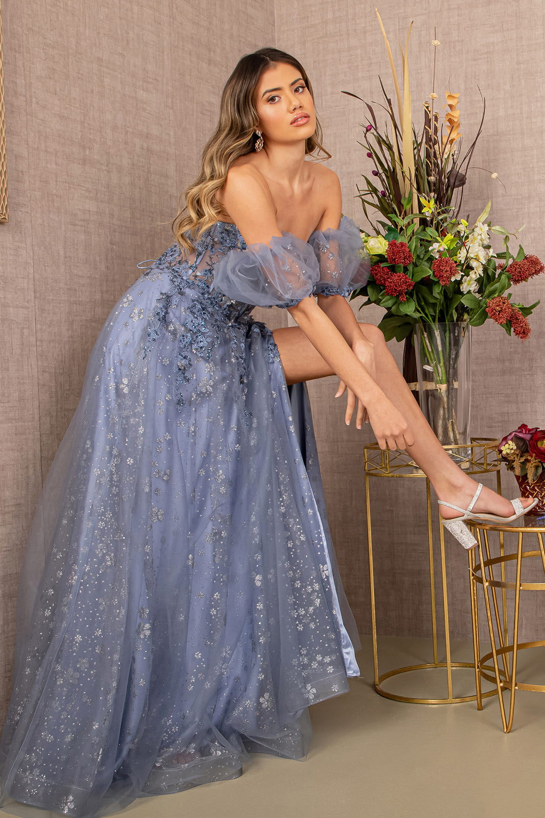 Strapless Sheer Bodice Mesh A-Line w/ Detachable Short Mesh Sleeves Long Prom Dress GLGL3126