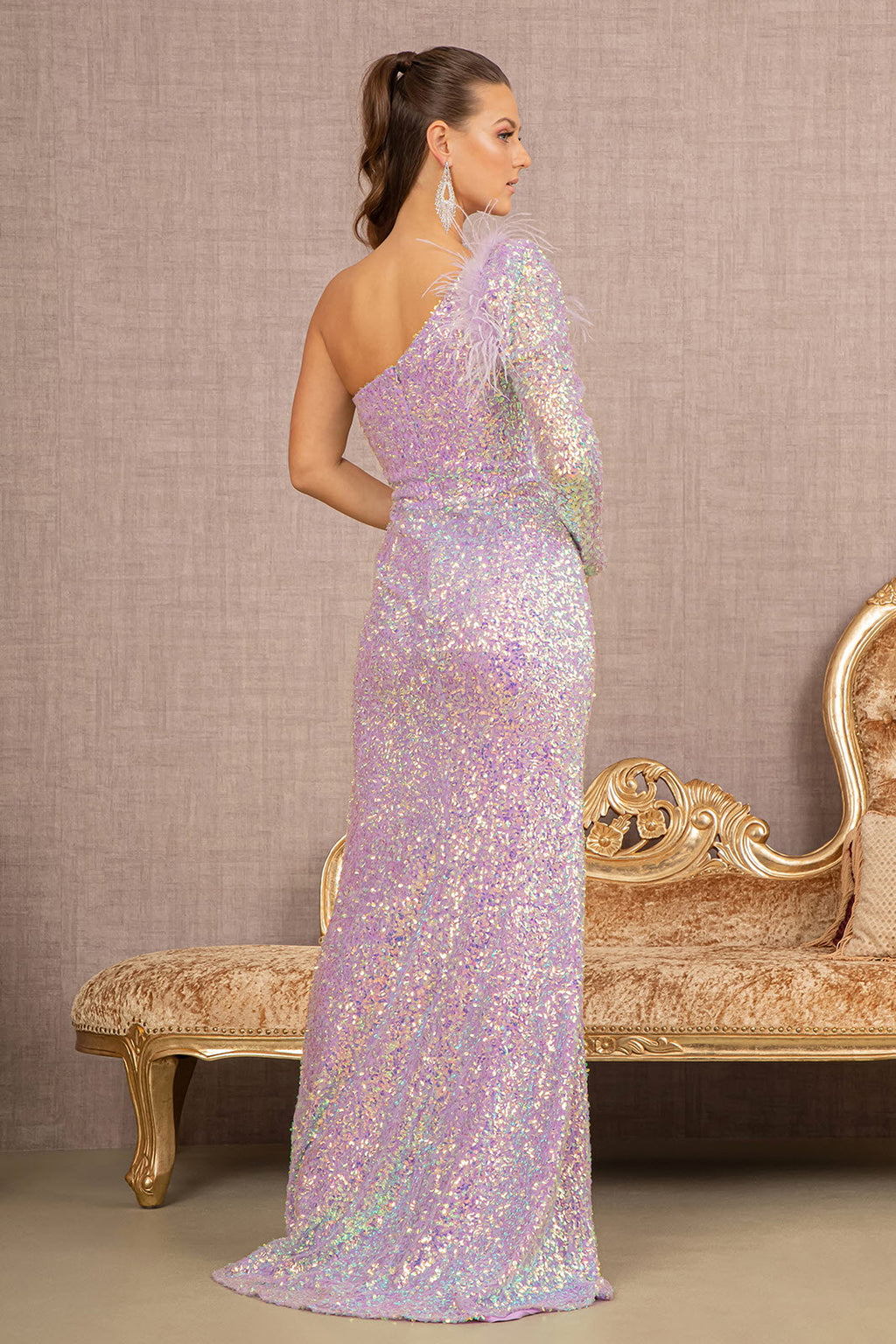Sparkling Sequins Embellished Long Festive Gown w/ Single Sleeve & Leg Slit GLGL3128