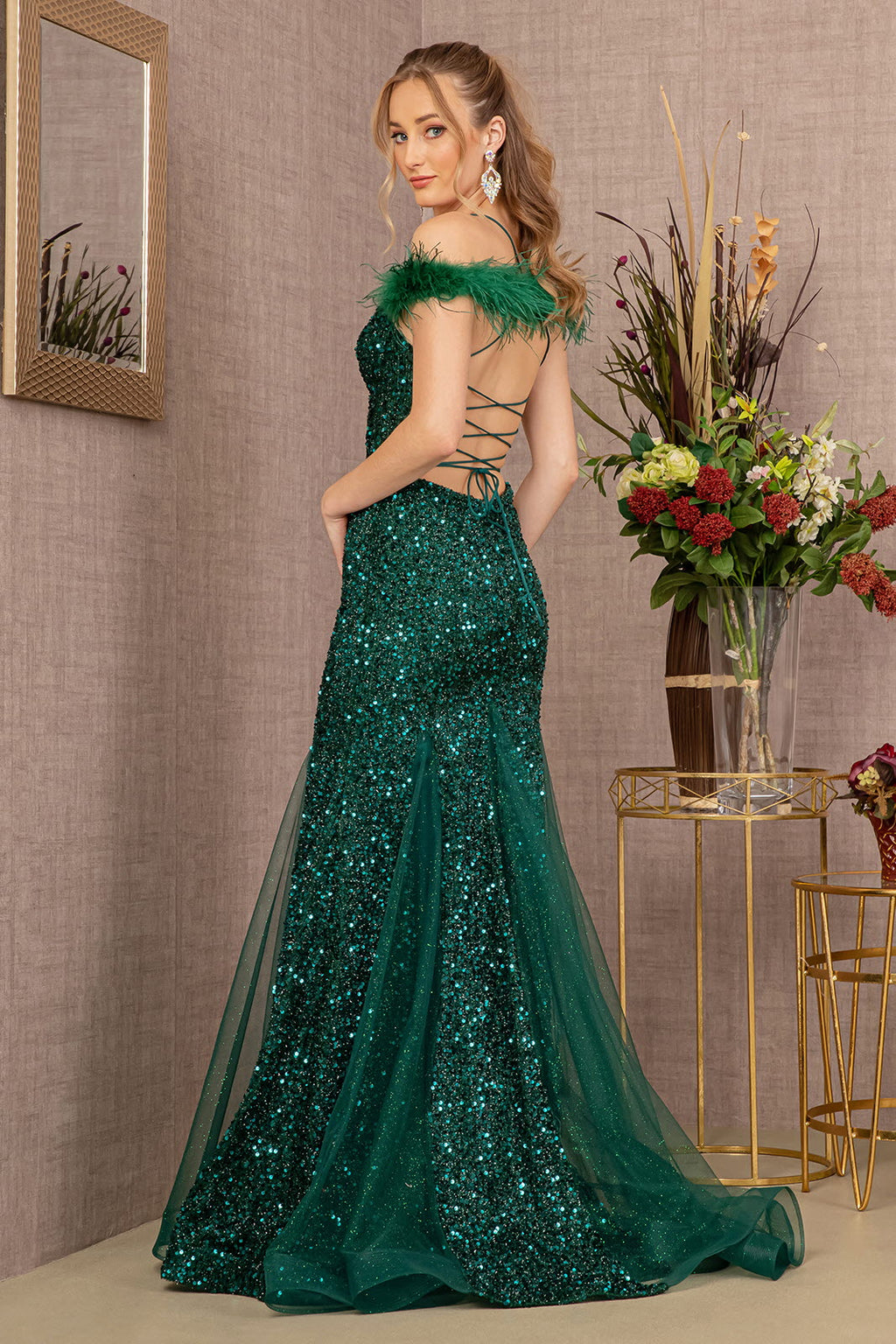 Dazzling Sequins Embellished Festive Gown w/ Feather & Open Lace Up Back GLGL3130