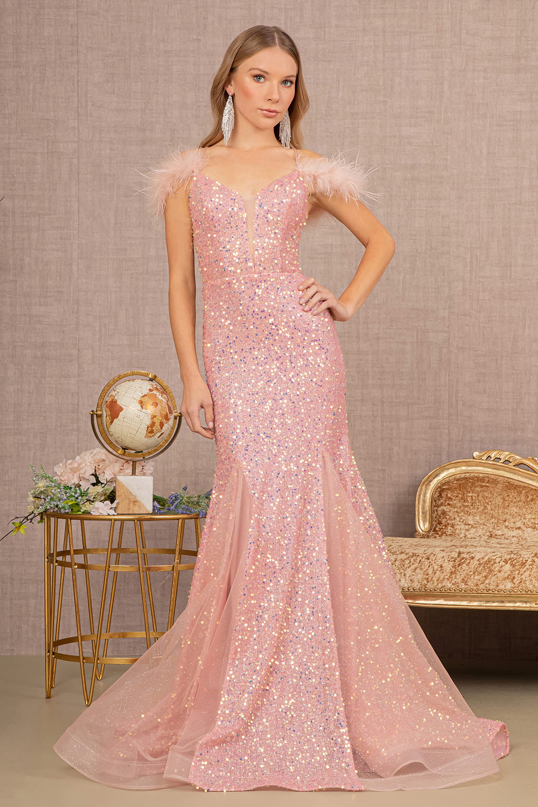 Dazzling Sequins Embellished Festive Gown w/ Feather & Open Lace Up Back GLGL3130