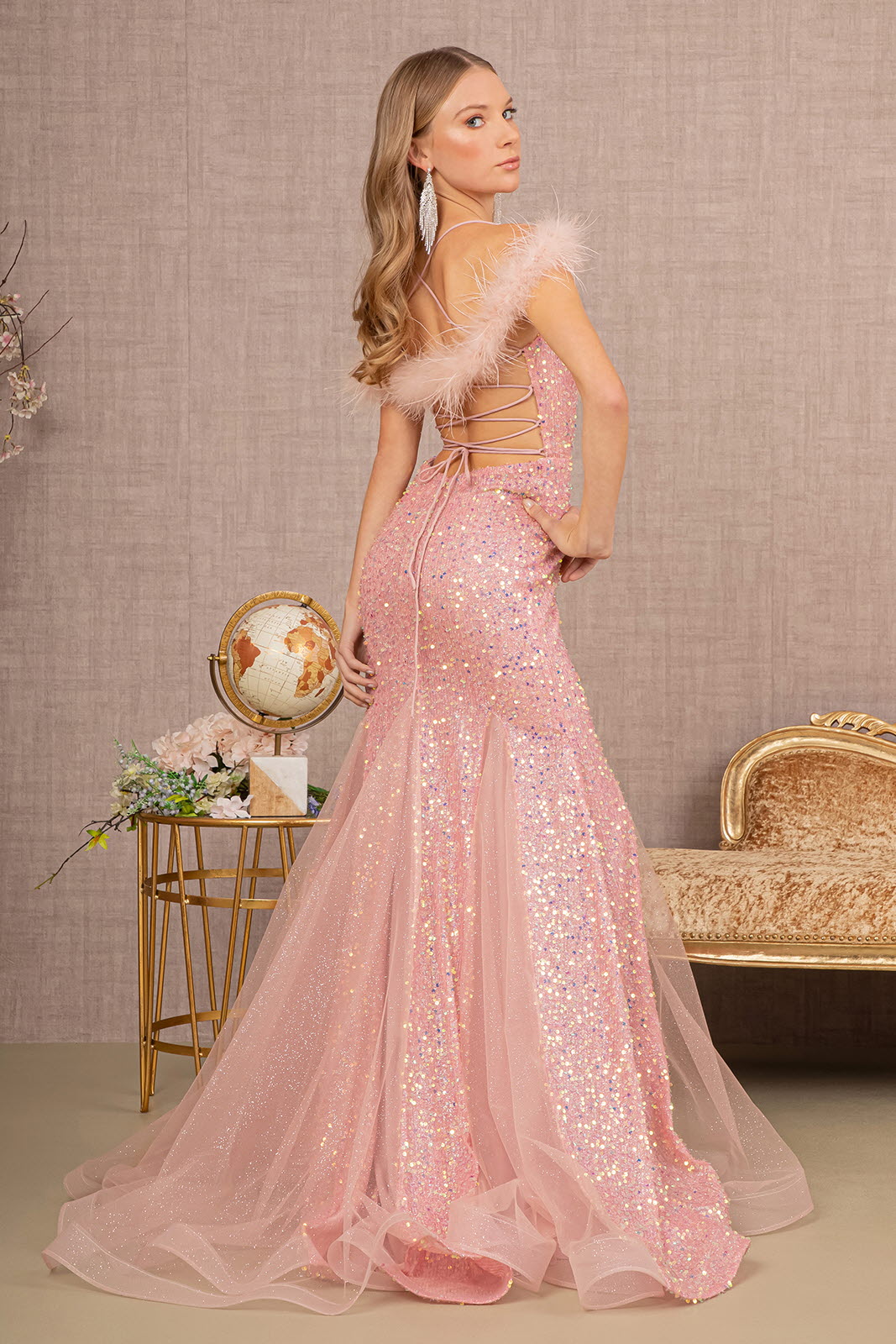 Dazzling Sequins Embellished Festive Gown w/ Feather & Open Lace Up Back GLGL3130