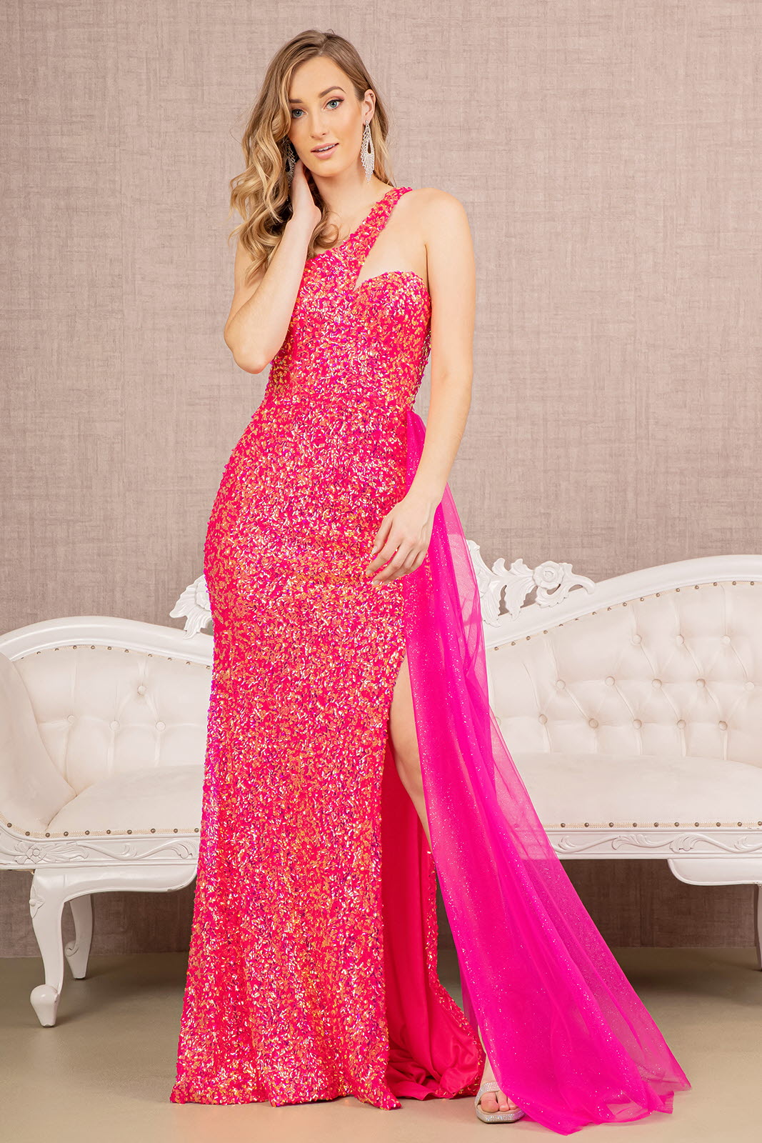 Sequin Glitter Asymmetric Mermaid w/ Long Waist Mesh Layer Long Prom Dress GLGL3133
